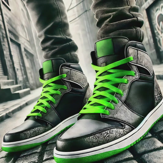 Video showcasing a close-up of green-laced trainers artwork with urban alleyway textures.