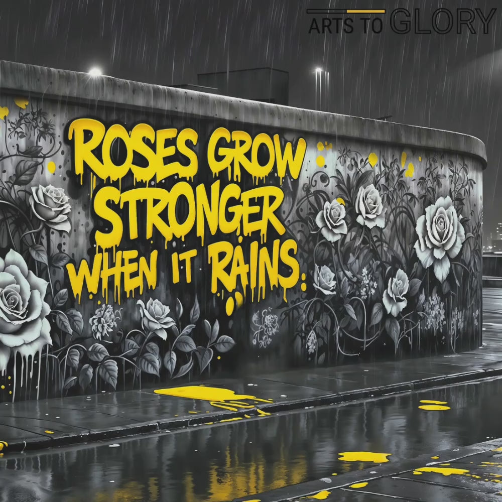 Zoom-in video of the graffiti-style art piece, highlighting bold yellow graffiti text and urban rose details, perfect for showcasing modern urban décor.