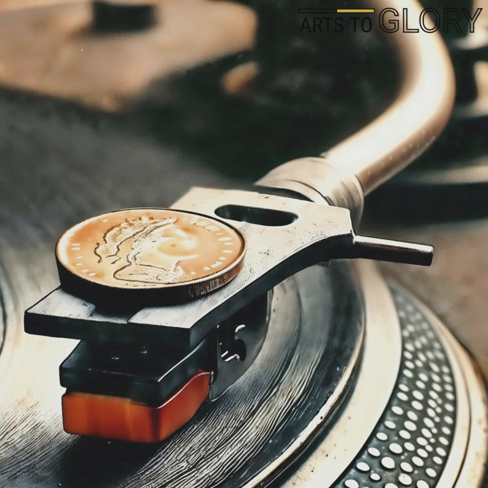 Video showcasing a close-up view of a turntable with a coin-weighted stylus playing an orange label vinyl, perfect for a modern music studio décor.