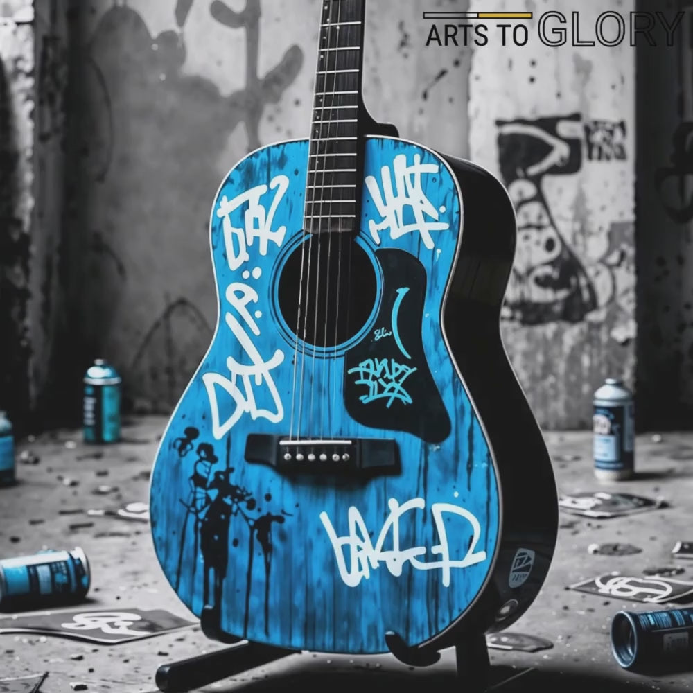 Video showcase of a two-piece modern wall art set featuring a blue graffiti-covered acoustic guitar, highlighting its bold urban aesthetic.