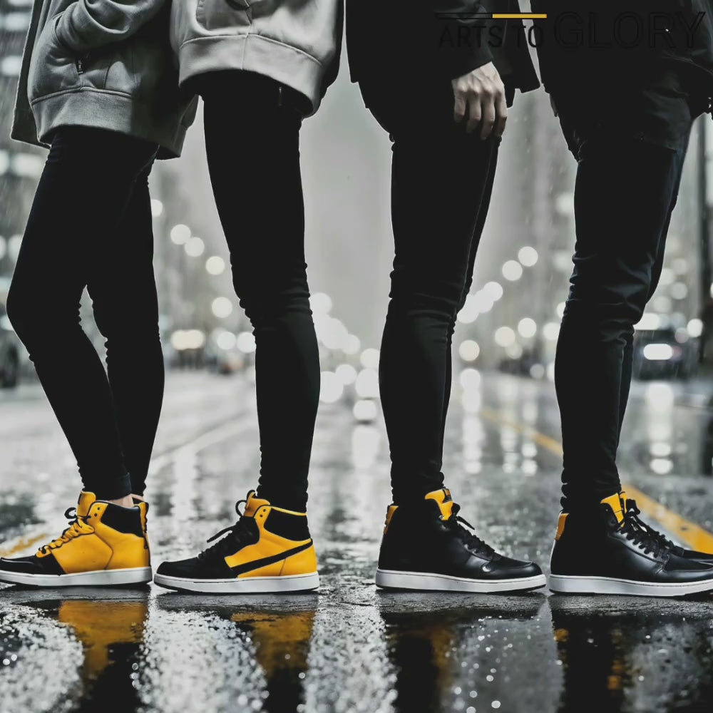 Zoom-in video of the Urban Rhythm art piece, highlighting the details of yellow and black trainers in a rainy cityscape, perfect for showcasing modern urban décor.