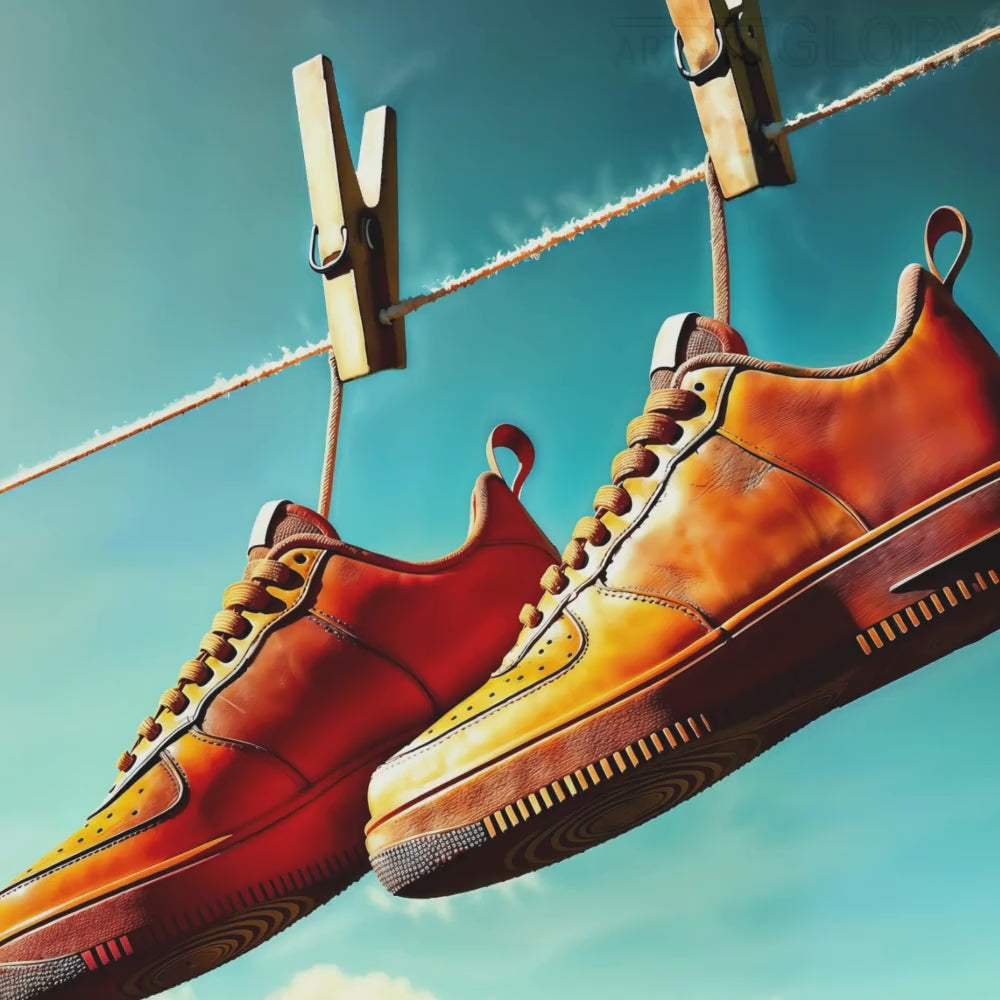 Video showcasing a close-up view of the vibrant orange sneakers hanging on a washing line, highlighting the surreal and dynamic urban décor elements.