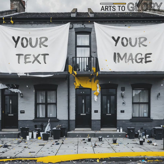 Zoom-in video of a personalised urban art piece depicting the morning after a house party, showcasing customizable text and images with black and yellow accents.