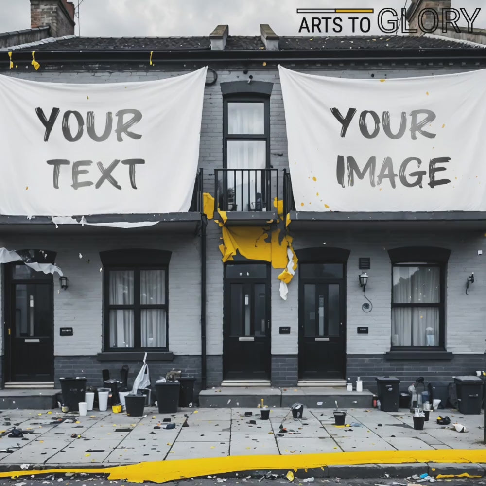 Zoom-in video of a personalised urban art piece depicting the morning after a house party, showcasing customizable text and images with black and yellow accents.