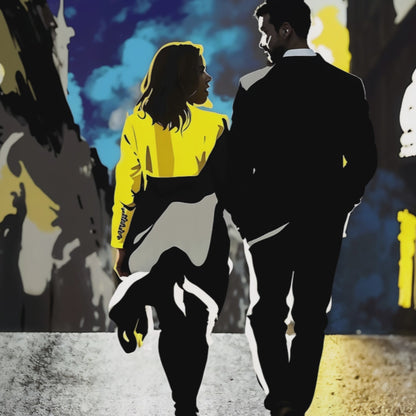 Couple walking in town, nightlife.
