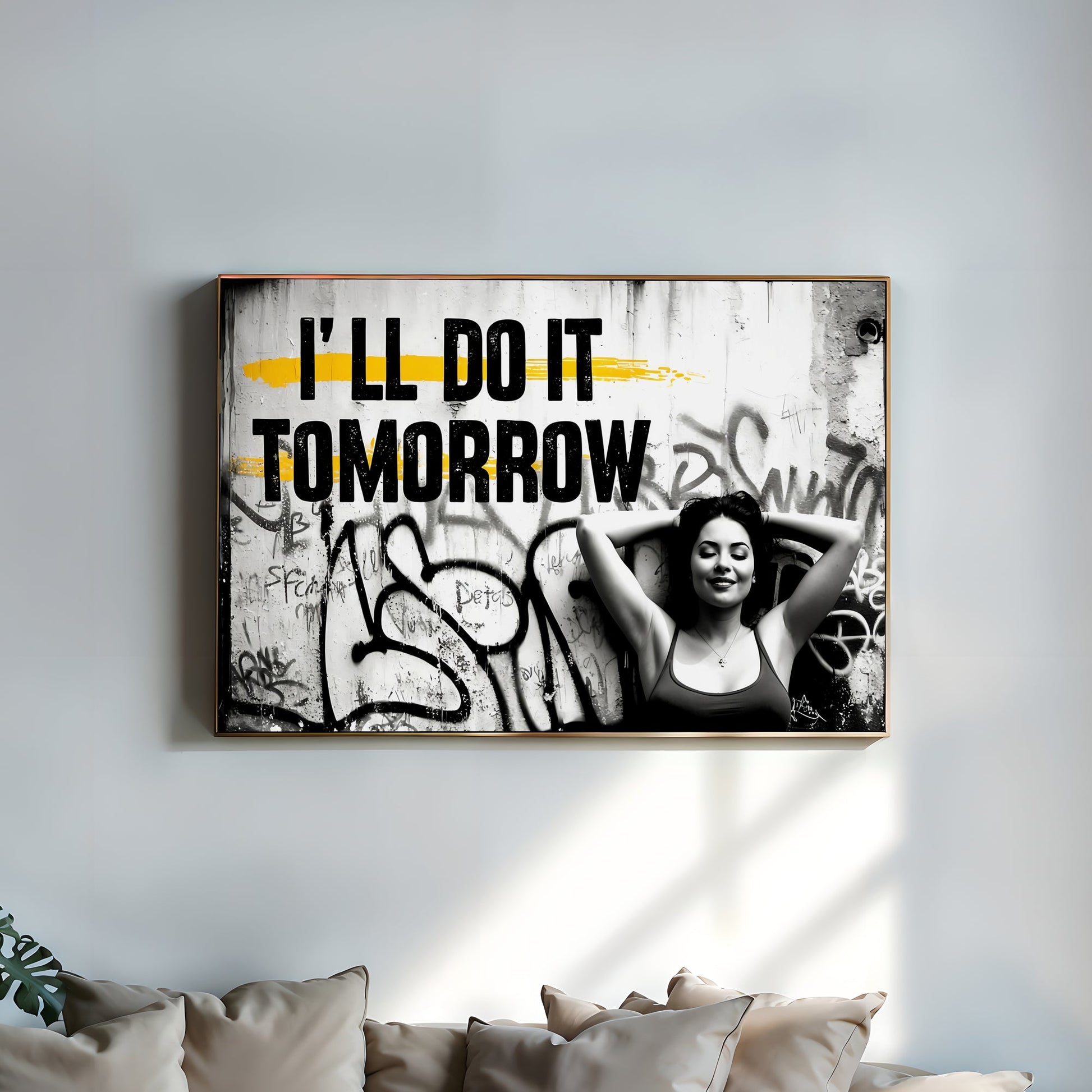 Relaxing Woman Graffiti Art | 'I'll Do It Tomorrow' Quote | Black, White, and Yellow | Urban Digital Art | 100 x 70 cm - Arts To GloryRelaxing Woman Graffiti Art | 'I'll Do It Tomorrow' Quote | Black, White, and Yellow | Urban Digital Art | 100 x 70 cmTextual NarrativesArts To GloryRelaxing Woman Graffiti Art | 'I'll Do It Tomorrow' Quote | Black, White, and Yellow | Urban Digital Art | 100 x 70 cm