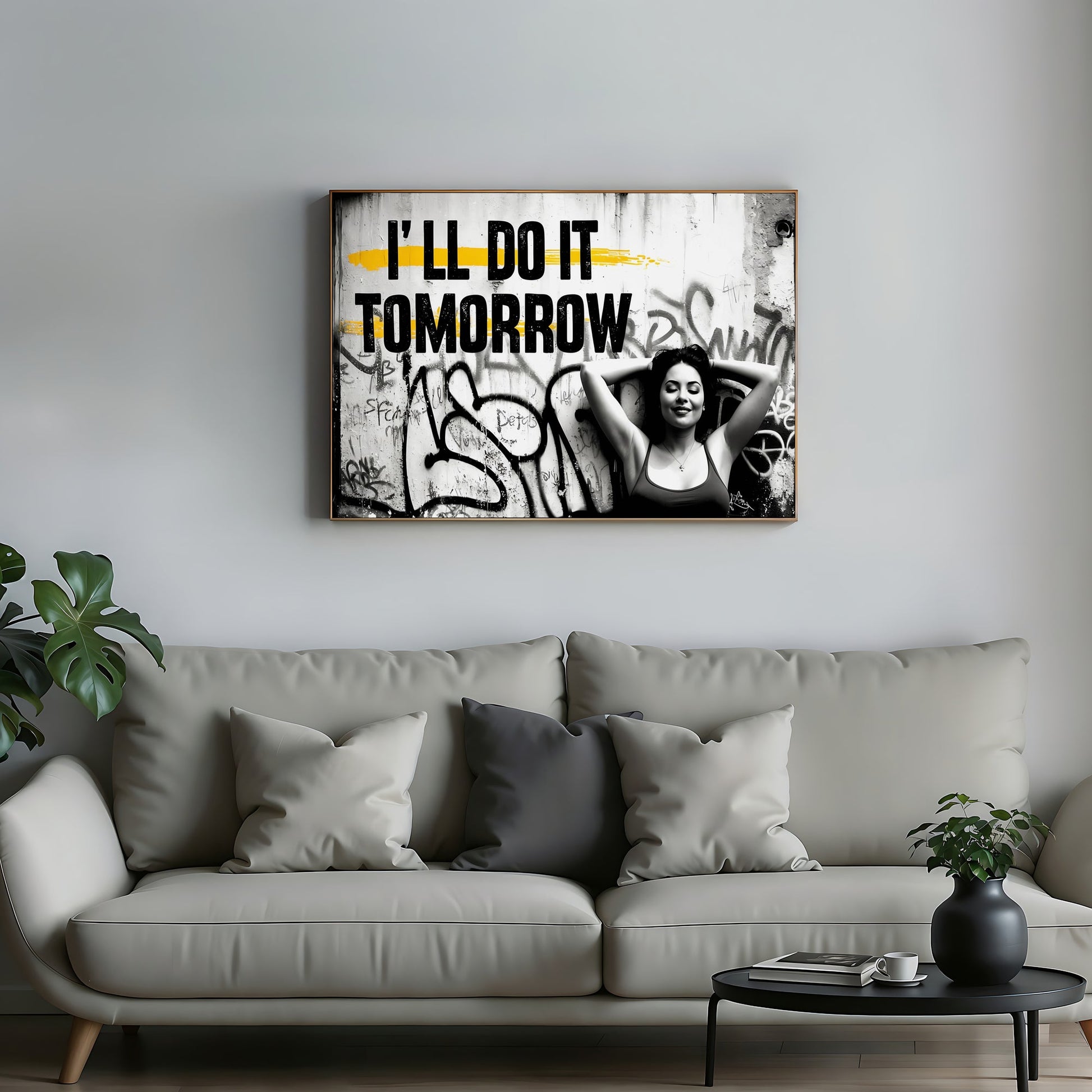 Relaxing Woman Graffiti Art | 'I'll Do It Tomorrow' Quote | Black, White, and Yellow | Urban Digital Art | 100 x 70 cm - Arts To GloryRelaxing Woman Graffiti Art | 'I'll Do It Tomorrow' Quote | Black, White, and Yellow | Urban Digital Art | 100 x 70 cmTextual NarrativesArts To GloryRelaxing Woman Graffiti Art | 'I'll Do It Tomorrow' Quote | Black, White, and Yellow | Urban Digital Art | 100 x 70 cm