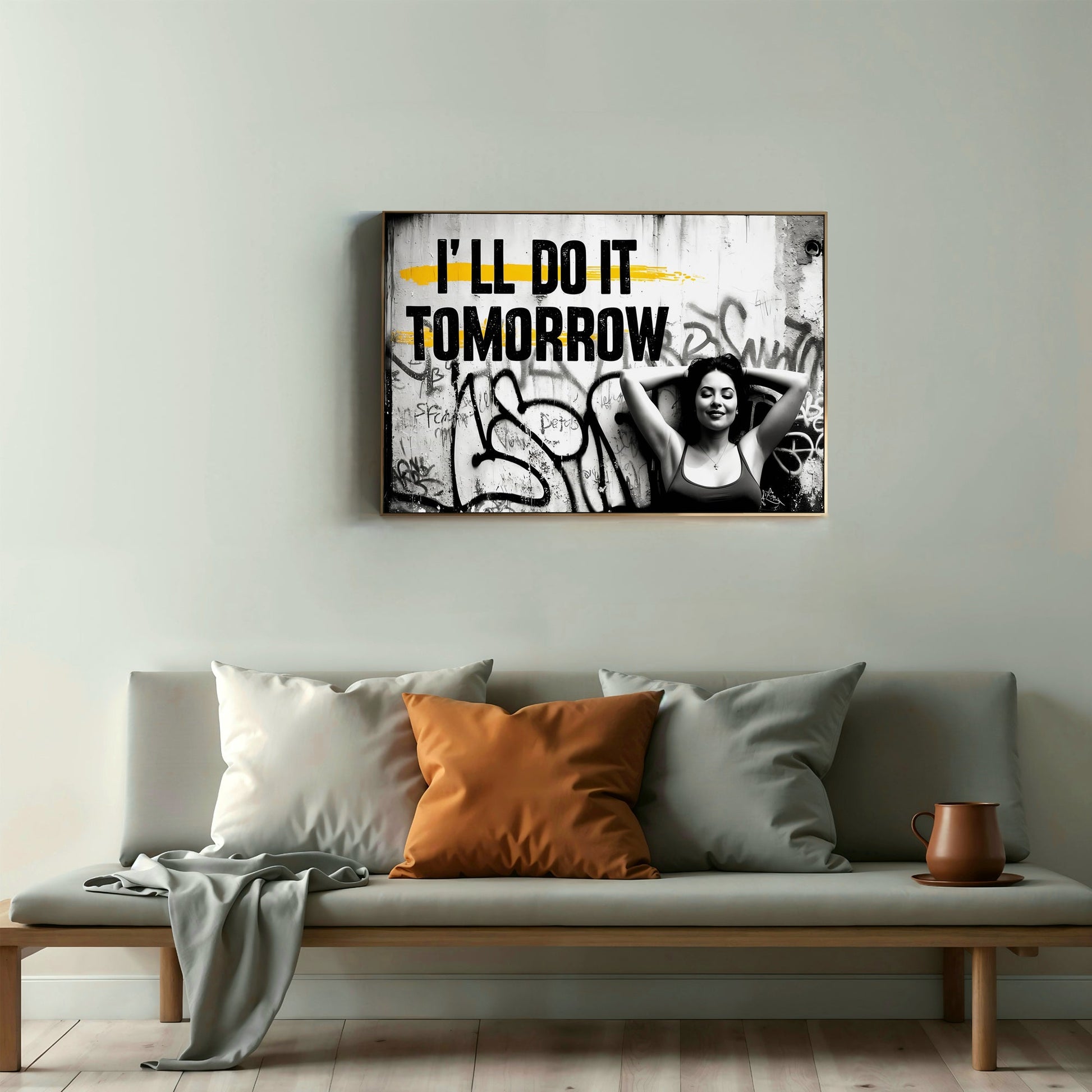 Relaxing Woman Graffiti Art | 'I'll Do It Tomorrow' Quote | Black, White, and Yellow | Urban Digital Art | 100 x 70 cm - Arts To GloryRelaxing Woman Graffiti Art | 'I'll Do It Tomorrow' Quote | Black, White, and Yellow | Urban Digital Art | 100 x 70 cmTextual NarrativesArts To GloryRelaxing Woman Graffiti Art | 'I'll Do It Tomorrow' Quote | Black, White, and Yellow | Urban Digital Art | 100 x 70 cm