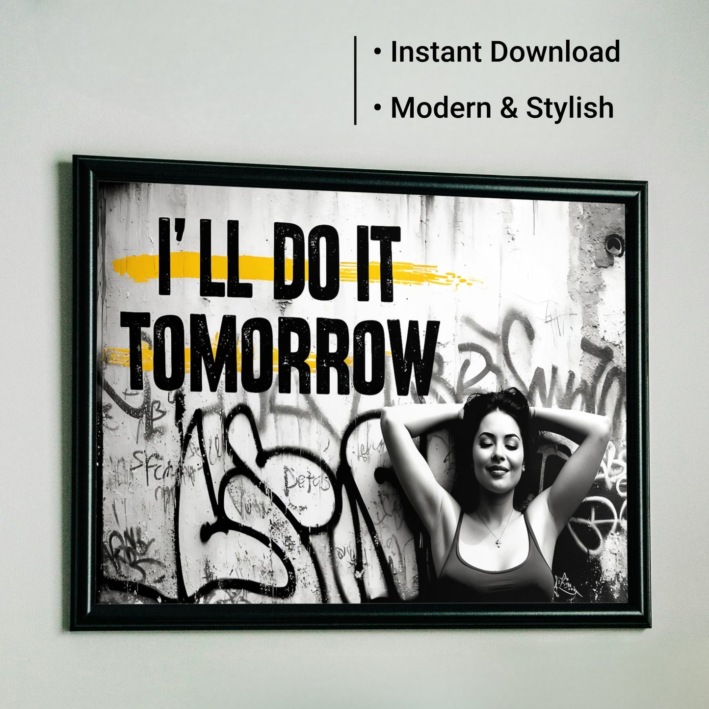 Relaxing Woman Graffiti Art | 'I'll Do It Tomorrow' Quote | Black, White, and Yellow | Urban Digital Art | 100 x 70 cm - Arts To GloryRelaxing Woman Graffiti Art | 'I'll Do It Tomorrow' Quote | Black, White, and Yellow | Urban Digital Art | 100 x 70 cmTextual NarrativesArts To GloryRelaxing Woman Graffiti Art | 'I'll Do It Tomorrow' Quote | Black, White, and Yellow | Urban Digital Art | 100 x 70 cm