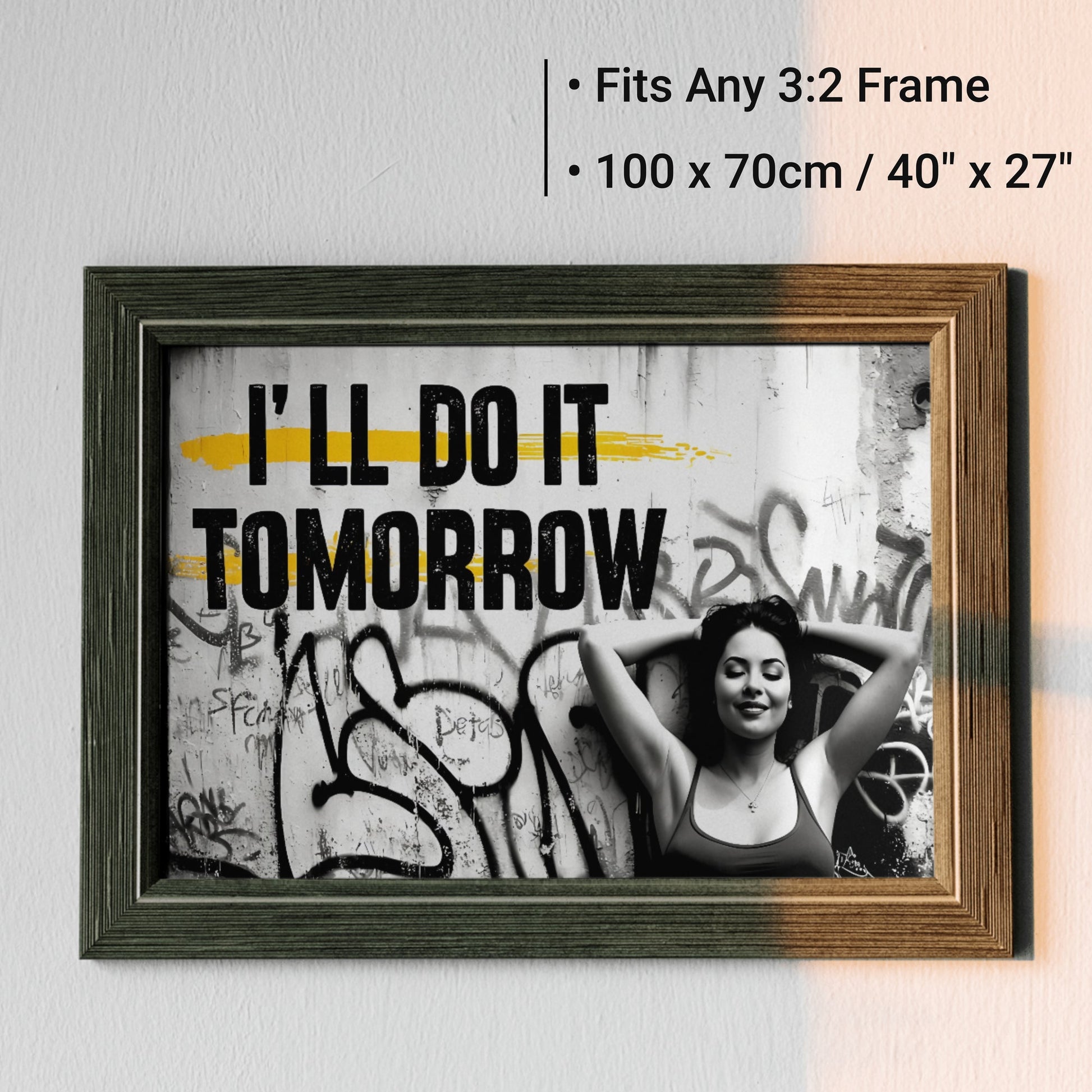 Relaxing Woman Graffiti Art | 'I'll Do It Tomorrow' Quote | Black, White, and Yellow | Urban Digital Art | 100 x 70 cm - Arts To GloryRelaxing Woman Graffiti Art | 'I'll Do It Tomorrow' Quote | Black, White, and Yellow | Urban Digital Art | 100 x 70 cmTextual NarrativesArts To GloryRelaxing Woman Graffiti Art | 'I'll Do It Tomorrow' Quote | Black, White, and Yellow | Urban Digital Art | 100 x 70 cm