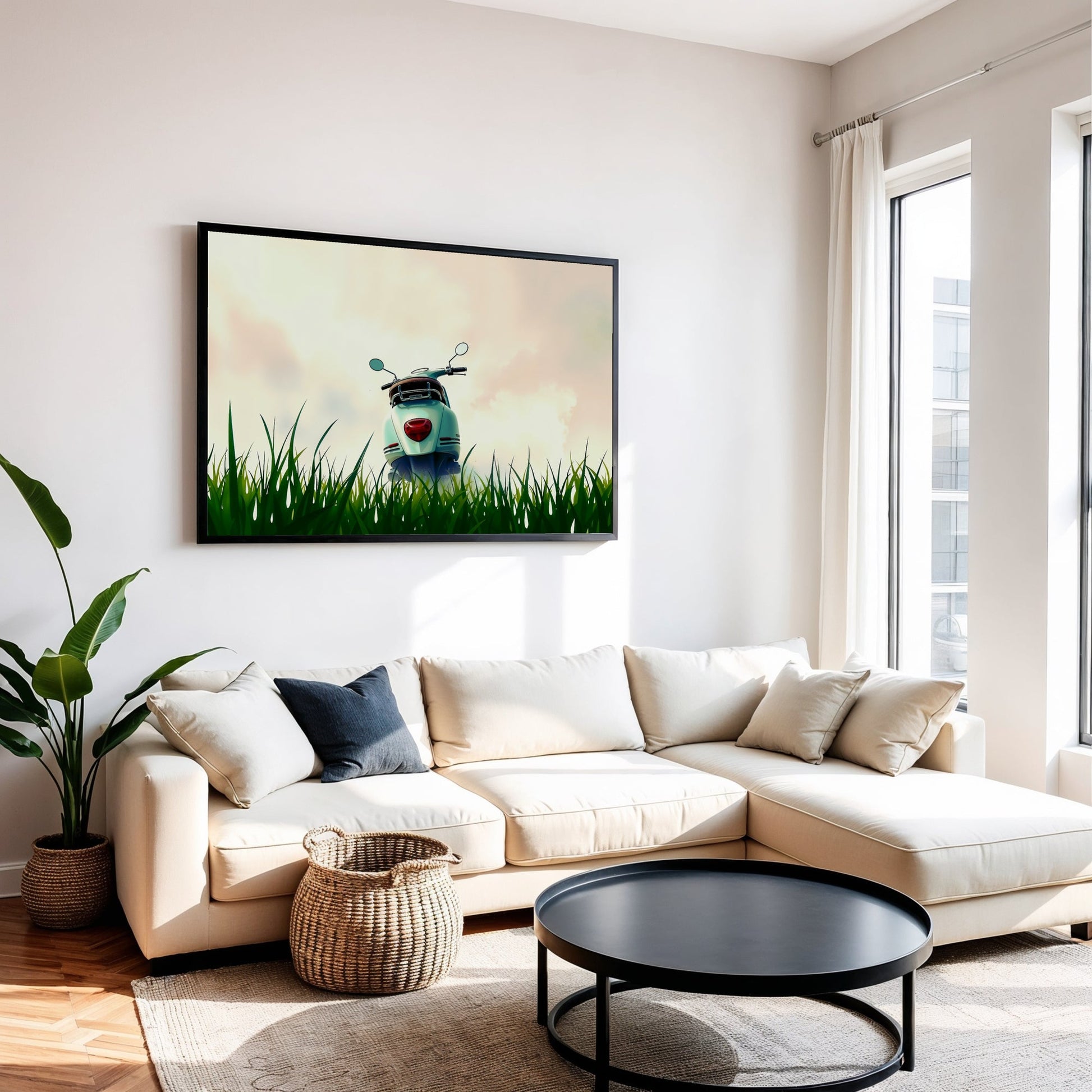 Retro Scooter on Grass - Arts To GloryRetro Scooter on GrassDigital Wall ArtArts To GloryWall art featuring a vintage scooter on grass, displayed in a modern living room with soft pastel tones, 100x70cm.