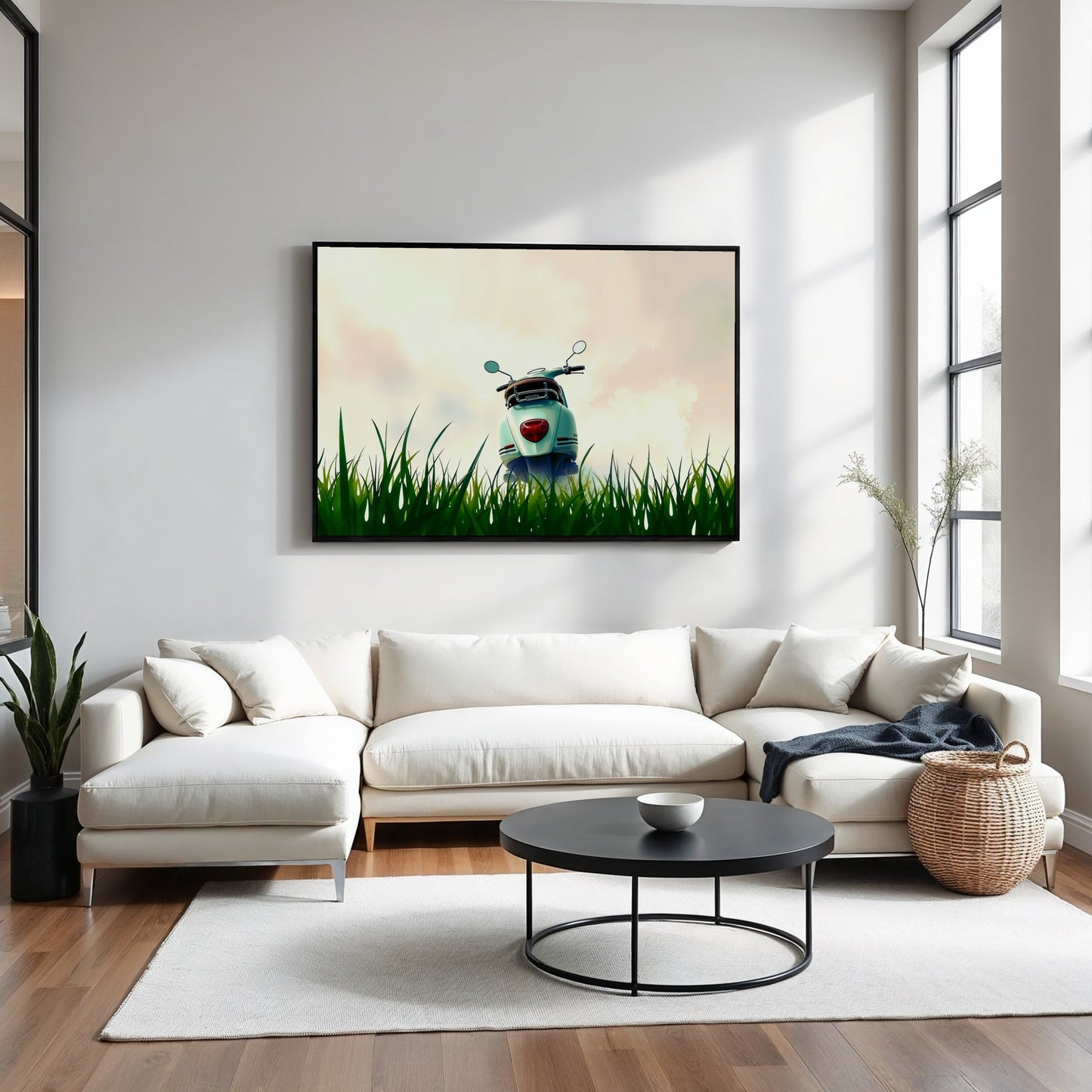 Retro Scooter on Grass - Arts To GloryRetro Scooter on GrassDigital Wall ArtArts To GloryDigital download of a retro scooter on grass with a pastel sky, evoking themes of freedom and serenity, 100x70cm.