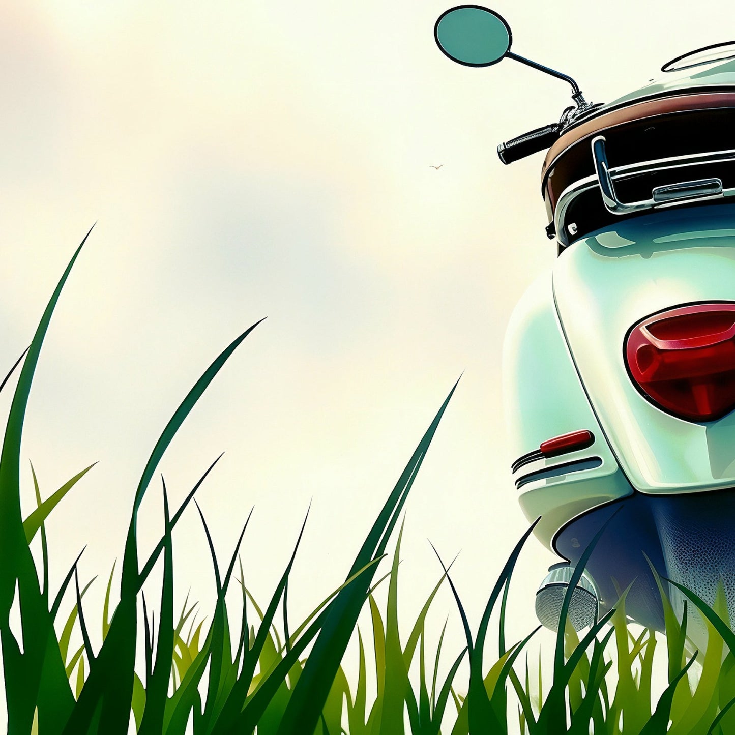 Retro Scooter on Grass - Arts To GloryRetro Scooter on GrassDigital Wall ArtArts To GloryClose - up of a vintage scooter on grass, framed with a soft pastel sky background, perfect for home décor, 100x70cm.