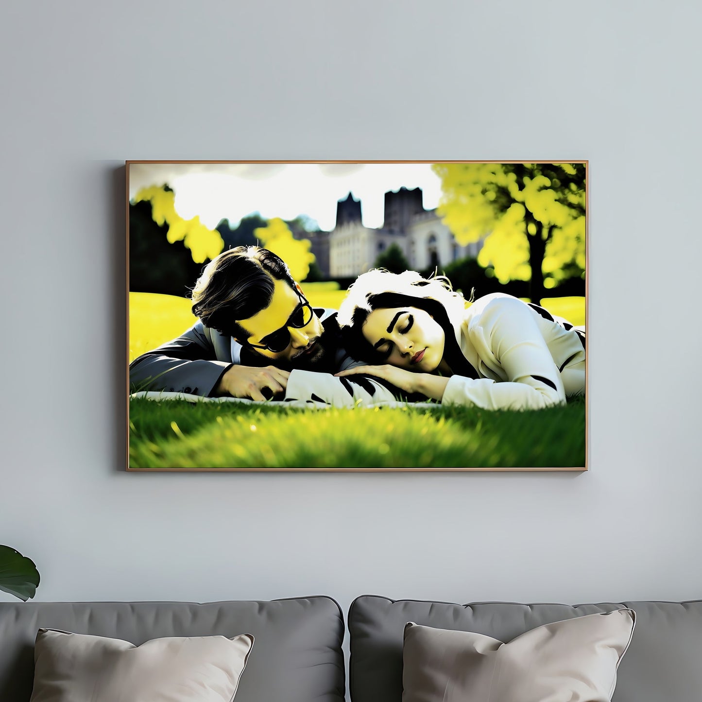 Romantic Couple in Sunlit Park | Man and Woman with Blurred Castle Background | Yellow and Green Wall Art | Home Decor | Digital Download | 100 x 70 cm - Arts To GloryRomantic Couple in Sunlit Park | Man and Woman with Blurred Castle Background | Yellow and Green Wall Art | Home Decor | Digital Download | 100 x 70 cmColourful ExpressionsArts To GloryWall art featuring a romantic couple, a man and woman, lying in a sunlit park with a blurred castle background. The scene is framed in warm yellow a