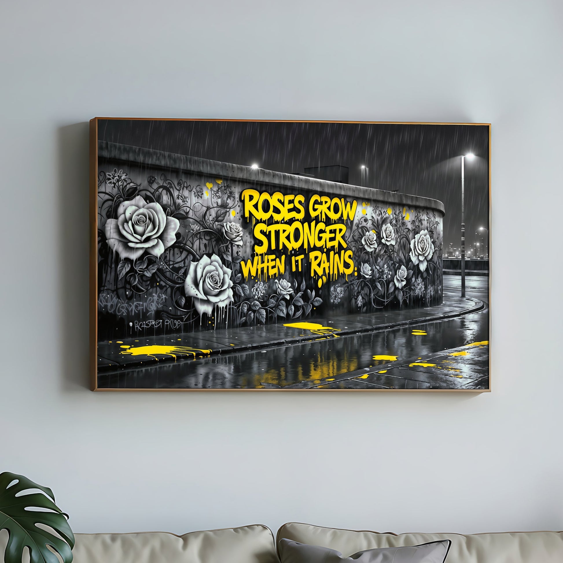 Roses Grow Stronger | Inspirational Graffiti Wall Art | Digital Download | 100 x 70 cm - Arts To GloryRoses Grow Stronger | Inspirational Graffiti Wall Art | Digital Download | 100 x 70 cmTextual NarrativesArts To GloryUrban wall art displayed in a modern living room setting, featuring bold yellow graffiti text and monochromatic rose designs, ideal for contemporary home décor, 100x70cm.