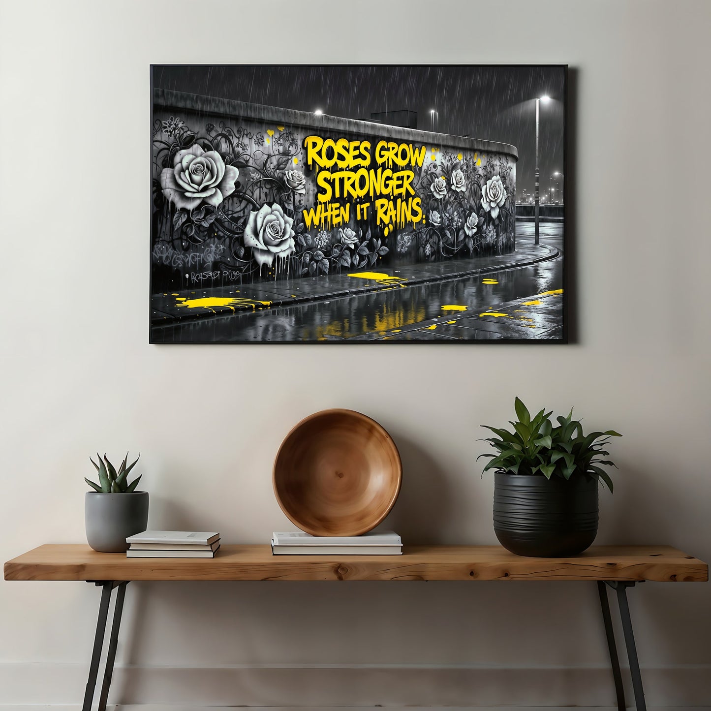 Roses Grow Stronger | Inspirational Graffiti Wall Art | Digital Download | 100 x 70 cm - Arts To GloryRoses Grow Stronger | Inspirational Graffiti Wall Art | Digital Download | 100 x 70 cmTextual NarrativesArts To GloryUrban modern wall art displayed in a stylish living room, featuring bold yellow graffiti text with monochromatic rose designs against a grey urban backdrop, perfect for contemporary home décor, 100x70cm.