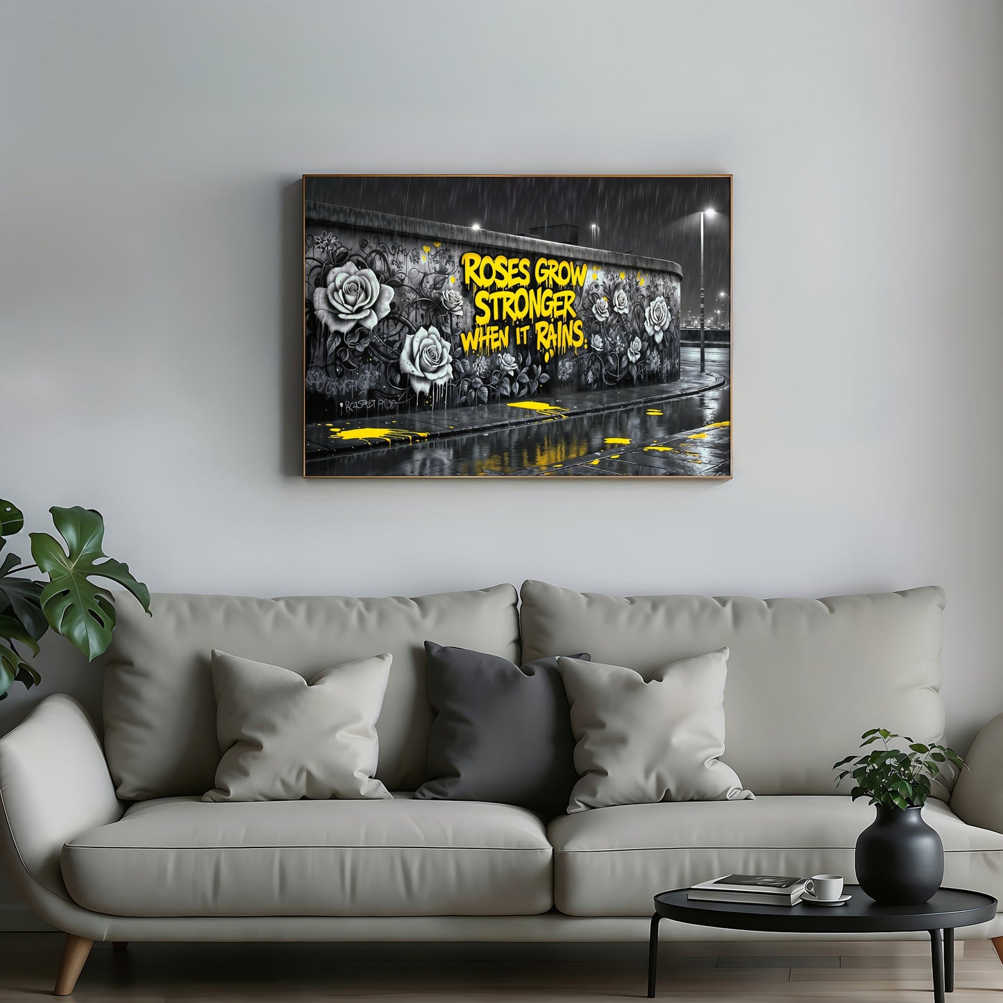 Roses Grow Stronger | Inspirational Graffiti Wall Art | Digital Download | 100 x 70 cm - Arts To GloryRoses Grow Stronger | Inspirational Graffiti Wall Art | Digital Download | 100 x 70 cmTextual NarrativesArts To GloryModern wall art displayed in a bright living space, featuring bold yellow graffiti text and rose designs against a grey urban backdrop, perfect for contemporary décor, 100x70cm.