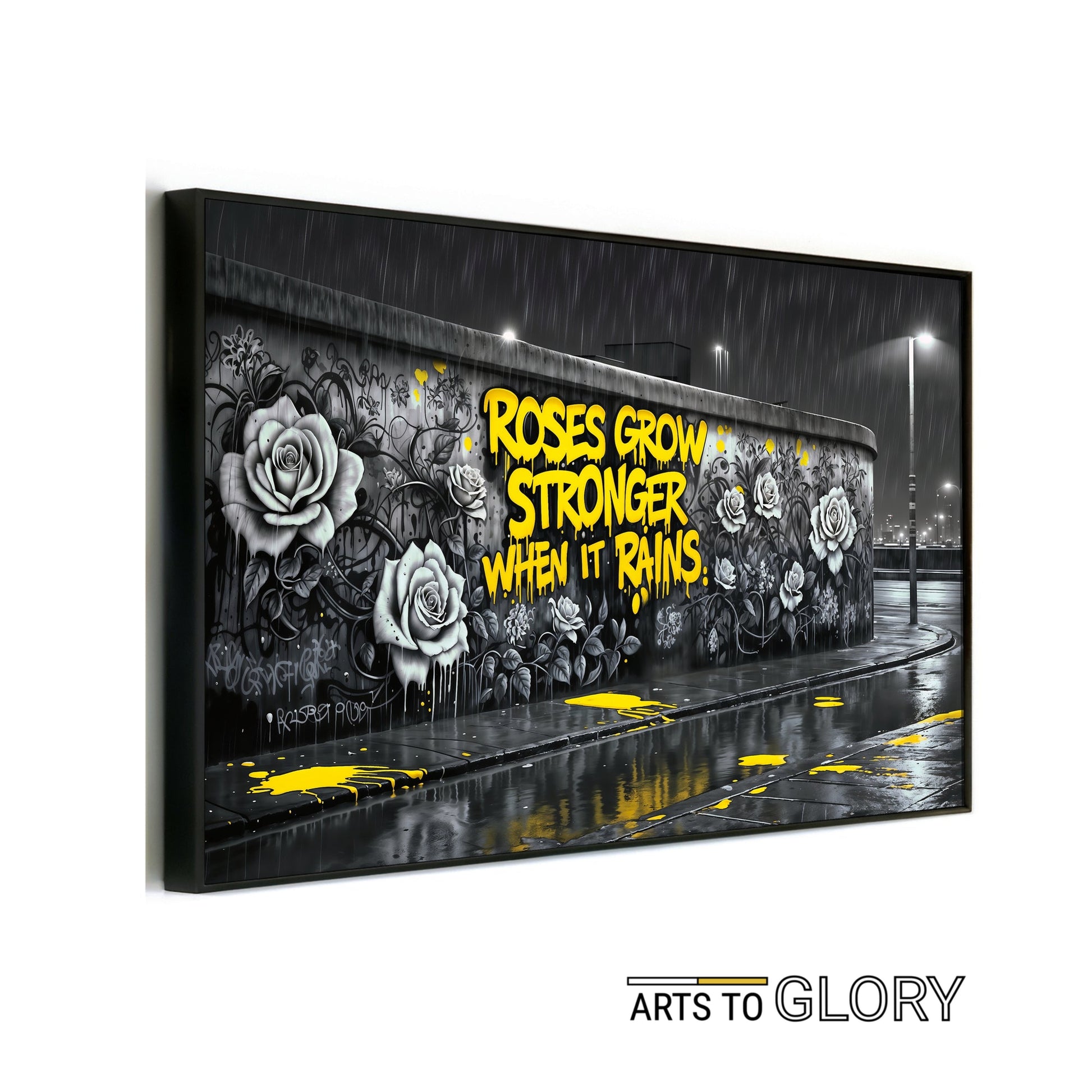 Roses Grow Stronger | Inspirational Graffiti Wall Art | Digital Download | 100 x 70 cm - Arts To GloryRoses Grow Stronger | Inspirational Graffiti Wall Art | Digital Download | 100 x 70 cmTextual NarrativesArts To GloryModern digital art piece featuring bold yellow graffiti text with monochromatic rose mural, perfect for contemporary home décor, 100x70cm.