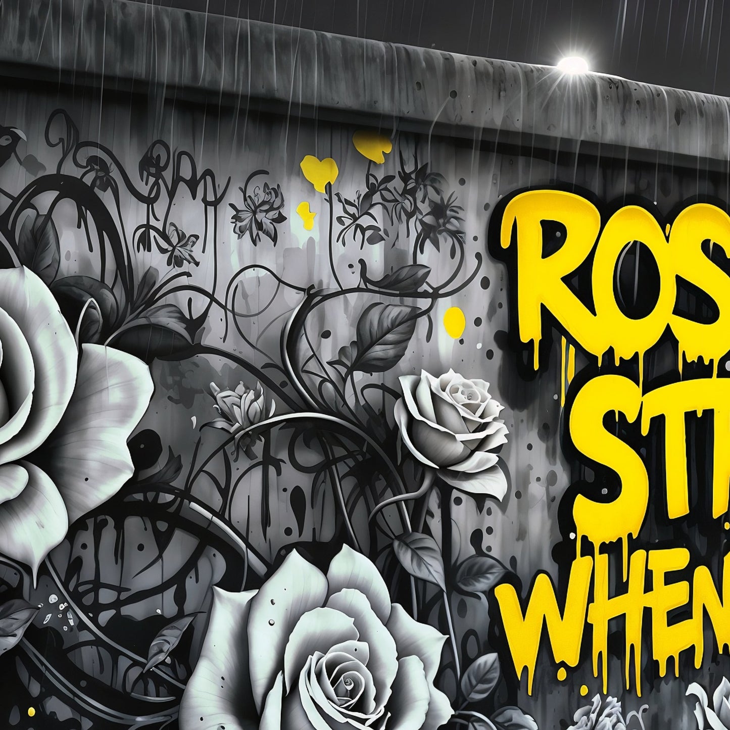 Roses Grow Stronger | Inspirational Graffiti Wall Art | Digital Download | 100 x 70 cm - Arts To GloryRoses Grow Stronger | Inspirational Graffiti Wall Art | Digital Download | 100 x 70 cmTextual NarrativesArts To GloryClose - up of the graffiti - style art piece, highlighting bold yellow graffiti text and intricate monochromatic rose designs, perfect for modern urban - themed décor.