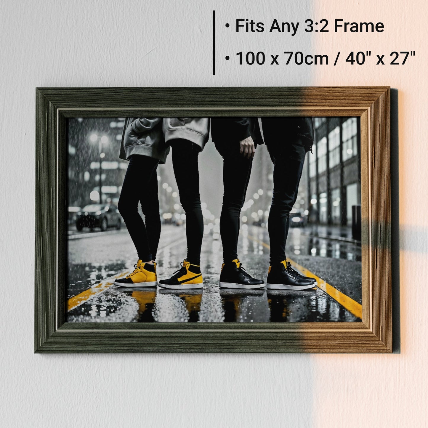 Row of Street Footwear | Urban Streetwear Digital Art | Yellow & Black Trainers/Sneakers | 100 x 70 cm | Modern Home Décor - Arts To GloryRow of Street Footwear | Urban Streetwear Digital Art | Yellow & Black Trainers/Sneakers | 100 x 70 cm | Modern Home DécorYellowArts To GloryUrban framed wall art showcasing legs in yellow and black trainers in a rainy cityscape, designed to fit any 3:2 frame, 100x70cm, ideal for modern home décor.