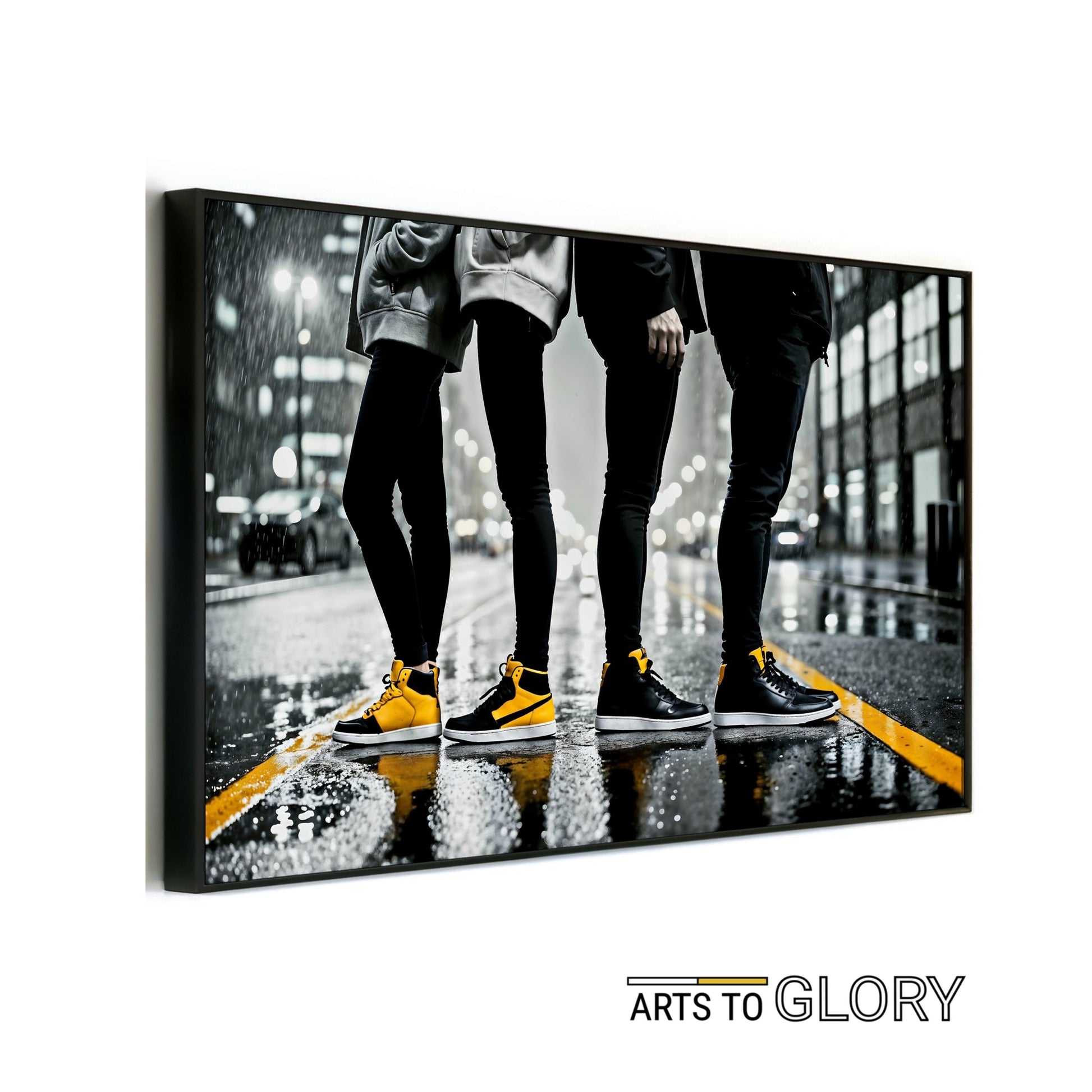 Row of Street Footwear | Urban Streetwear Digital Art | Yellow & Black Trainers/Sneakers | 100 x 70 cm | Modern Home Décor - Arts To GloryRow of Street Footwear | Urban Streetwear Digital Art | Yellow & Black Trainers/Sneakers | 100 x 70 cm | Modern Home DécorYellowArts To GloryModern digital art piece depicting legs in yellow and black trainers in a rainy cityscape, perfect for contemporary home décor, 100x70cm.