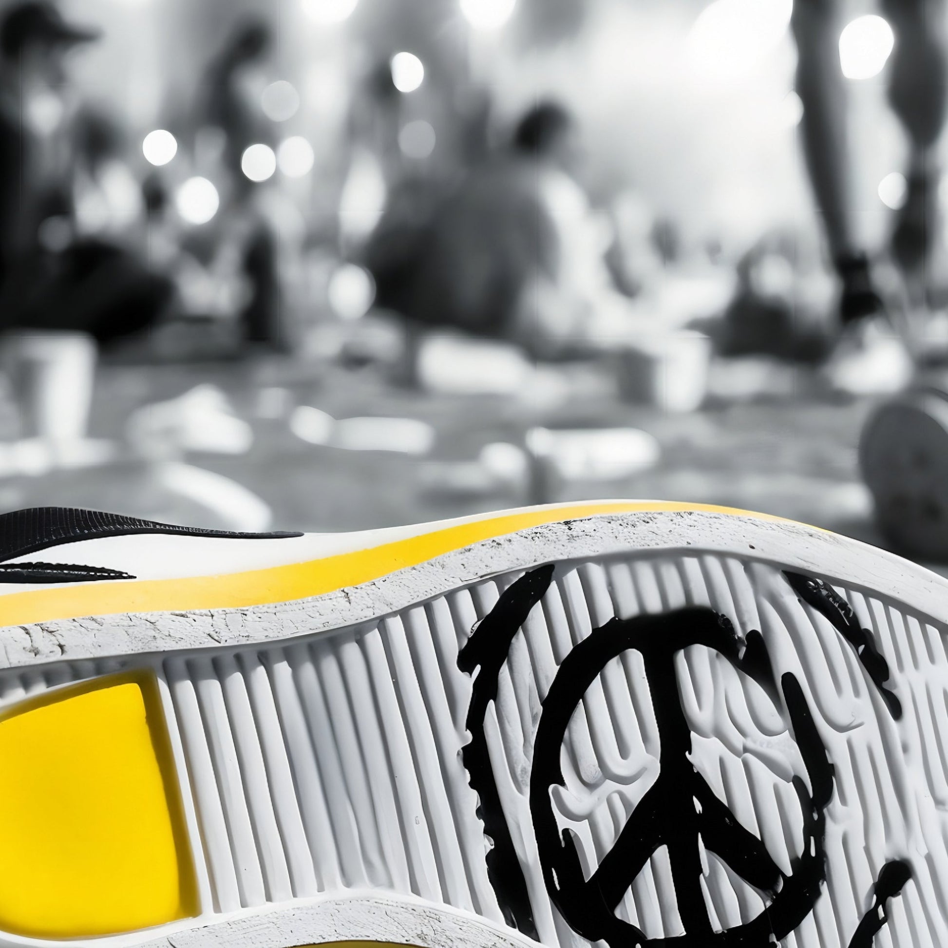 Shoe with Peace Sign | Urban Festival Art | Yellow Accent | Modern Digital Art | 100 x 70 cm | Home Décor - Arts To GloryShoe with Peace Sign | Urban Festival Art | Yellow Accent | Modern Digital Art | 100 x 70 cm | Home DécorYellowArts To GloryClose - up of a shoe sole with a peace symbol, featuring a bright yellow detail against a blurred music festival background. The image highlights the contrast between the vibrant accent and the monochrome scene.