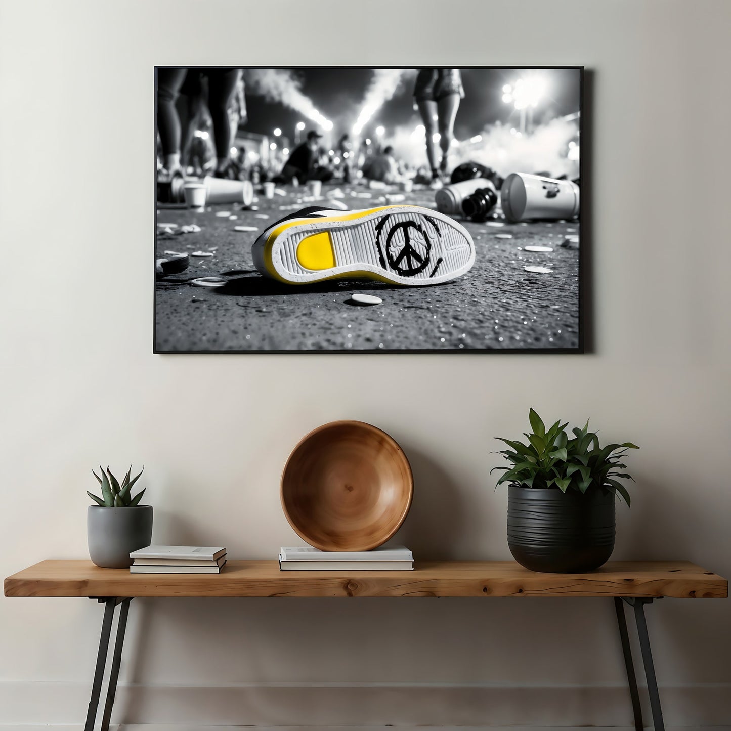 Shoe with Peace Sign | Urban Festival Art | Yellow Accent | Modern Digital Art | 100 x 70 cm | Home Décor - Arts To GloryShoe with Peace Sign | Urban Festival Art | Yellow Accent | Modern Digital Art | 100 x 70 cm | Home DécorYellowArts To GloryFramed artwork featuring a shoe with a peace symbol on the sole, displayed above a minimalist wooden console table. The yellow accent stands out against the black - and - white music festival background, highlighting urban culture and harmony.