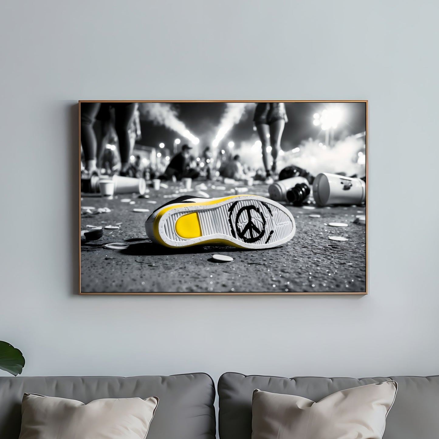 Shoe with Peace Sign | Urban Festival Art | Yellow Accent | Modern Digital Art | 100 x 70 cm | Home Décor - Arts To GloryShoe with Peace Sign | Urban Festival Art | Yellow Accent | Modern Digital Art | 100 x 70 cm | Home DécorYellowArts To GloryModern framed artwork featuring a shoe with a peace sign on the sole, displayed in a contemporary living room. The bright yellow accent contrasts with the black - and - white festival scene, emphasizing themes of urban culture and tranquillity.