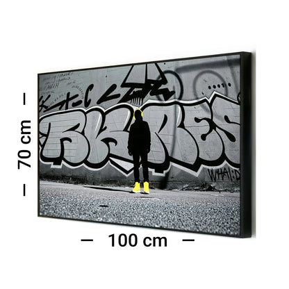 Silhouette Streetwear - Arts To GlorySilhouette StreetwearDigital Wall ArtArts To GloryPrintable art with bold contrast, featuring an anonymous figure in black and yellow before city graffiti.