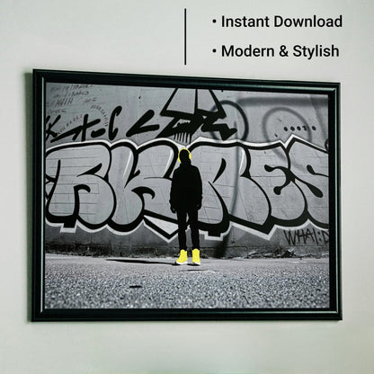 Silhouette Streetwear - Arts To GlorySilhouette StreetwearDigital Wall ArtArts To GloryBlack figure with vivid yellow details against a graffiti backdrop – printable urban art by Arts To Glory.
