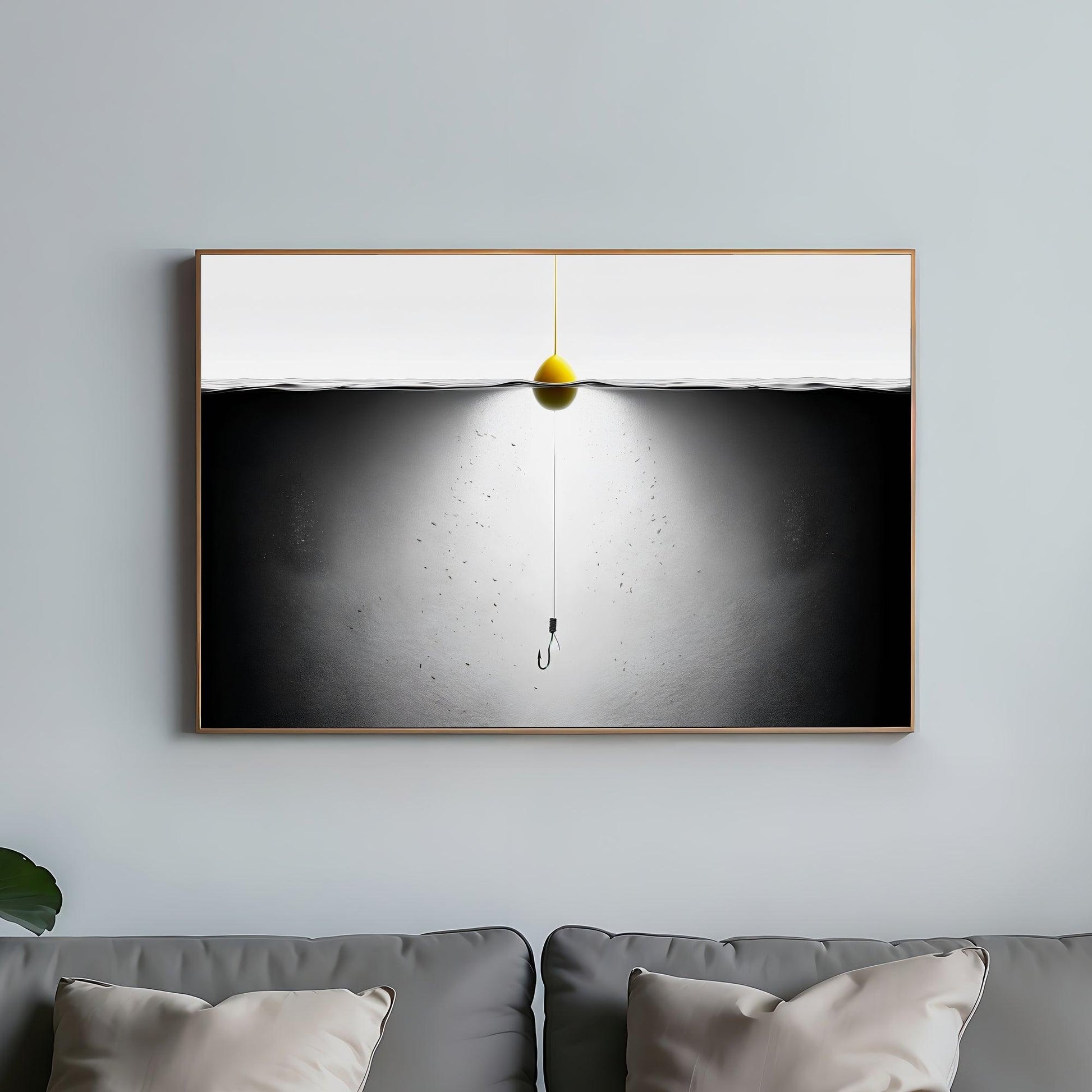 Solitary Anticipation | Fishing Line in Water | Monochrome Art with Yellow Bobber | Home Decor | Digital Download | 100 x 70 cm - Arts To GlorySolitary Anticipation | Fishing Line in Water | Monochrome Art with Yellow Bobber | Home Decor | Digital Download | 100 x 70 cmSimple & StrikingArts To GloryMinimalist canvas print of a bobber and hook submerged in water with a reflection, creating a serene underwater scene