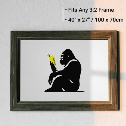 Staring Ape with Yellow Milkshake | Primal Contemplation Wall Art | Minimalist Design | Black & White Decor with a Pop of Colour | Home Decor | Digital Download | 100 x 70 cm - Arts To GloryStaring Ape with Yellow Milkshake | Primal Contemplation Wall Art | Minimalist Design | Black & White Decor with a Pop of Colour | Home Decor | Digital Download | 100 x 70 cmSimple & StrikingArts To GloryBlack and wood-framed art print of a gorilla with a yellow banana milkshake, suitable for any 3:2 frame, s
