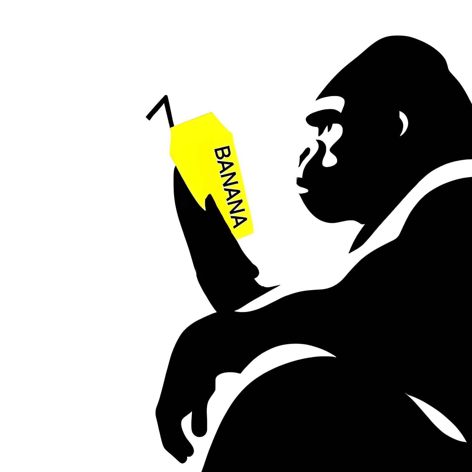 Staring Ape with Yellow Milkshake | Primal Contemplation Wall Art | Minimalist Design | Black & White Decor with a Pop of Colour | Home Decor | Digital Download | 100 x 70 cm - Arts To GloryStaring Ape with Yellow Milkshake | Primal Contemplation Wall Art | Minimalist Design | Black & White Decor with a Pop of Colour | Home Decor | Digital Download | 100 x 70 cmSimple & StrikingArts To GlorySilhouette of a gorilla examining a bright yellow milkshake with the word BANANA written on it, presenting