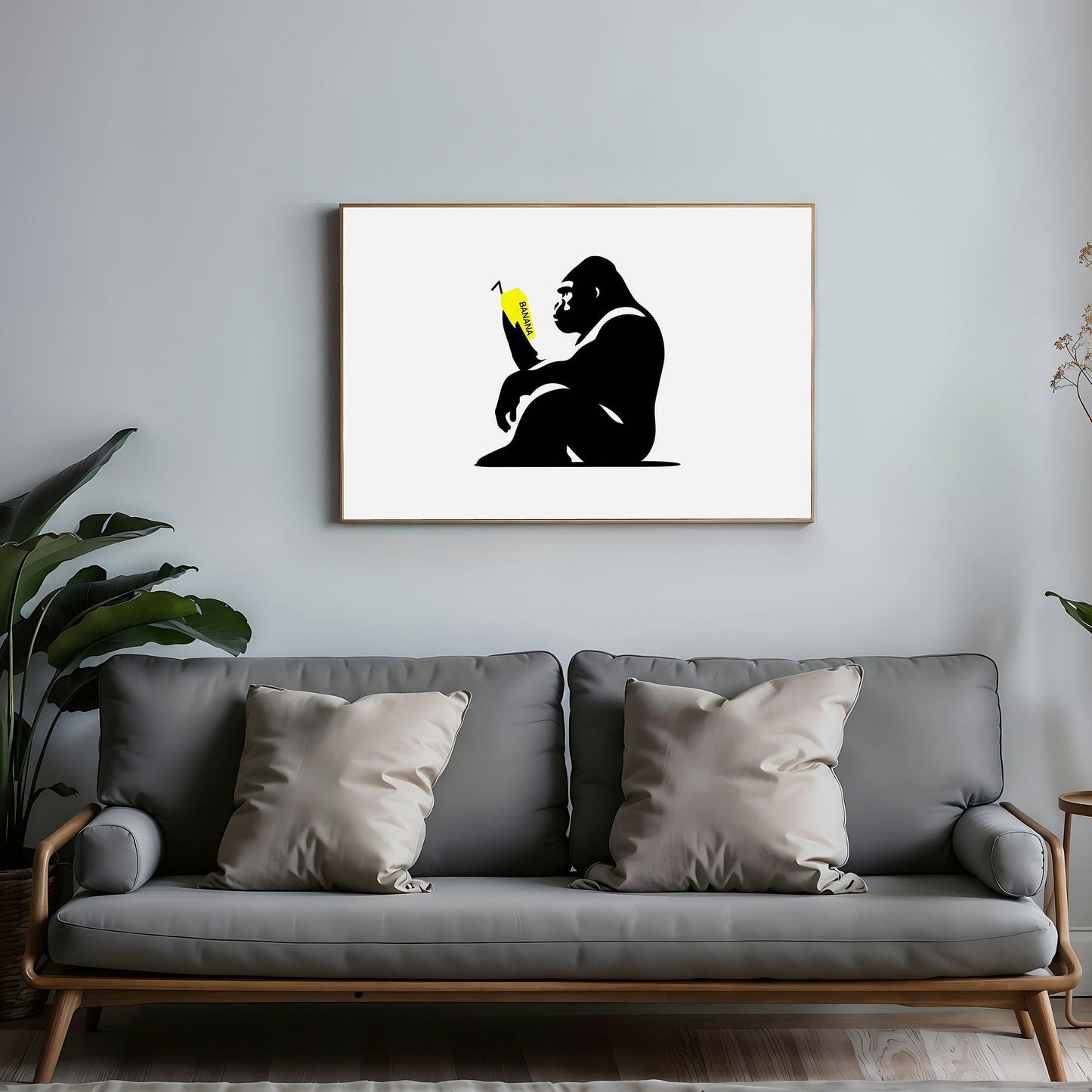 Staring Ape with Yellow Milkshake | Primal Contemplation Wall Art | Minimalist Design | Black & White Decor with a Pop of Colour | Home Decor | Digital Download | 100 x 70 cm - Arts To GloryStaring Ape with Yellow Milkshake | Primal Contemplation Wall Art | Minimalist Design | Black & White Decor with a Pop of Colour | Home Decor | Digital Download | 100 x 70 cmSimple & StrikingArts To GloryWall art featuring a gorilla staring at a yellow banana milkshake, elegantly displayed over a grey sofa in