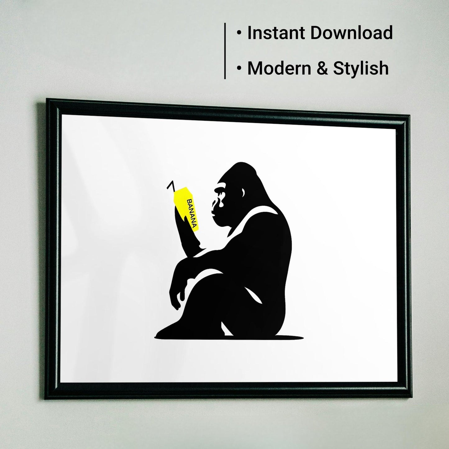 Staring Ape with Yellow Milkshake | Primal Contemplation Wall Art | Minimalist Design | Black & White Decor with a Pop of Colour | Home Decor | Digital Download | 100 x 70 cm - Arts To GloryStaring Ape with Yellow Milkshake | Primal Contemplation Wall Art | Minimalist Design | Black & White Decor with a Pop of Colour | Home Decor | Digital Download | 100 x 70 cmSimple & StrikingArts To GloryFramed wall art of a gorilla intently observing a yellow banana milkshake, highlighted with the text 'Inst