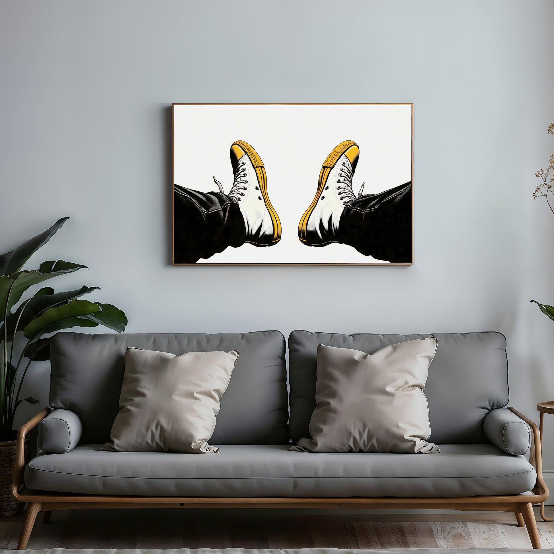 Step on, Sunshine | Bold Pumps Art with Yellow Accent | Monochrome Print | Home Decor | Digital Download | 101.6 x 68.58 cm (3:2 Ratio) - Arts To GloryStep on, Sunshine | Bold Pumps Art with Yellow Accent | Monochrome Print | Home Decor | Digital Download | 101.6 x 68.58 cm (3:2 Ratio)Simple & StrikingArts To GloryStep on, Sunshine art print featuring vibrant yellow high-top sneakers, set against a monochrome background for a striking contrast, this digital artwork captures the essence of bold f