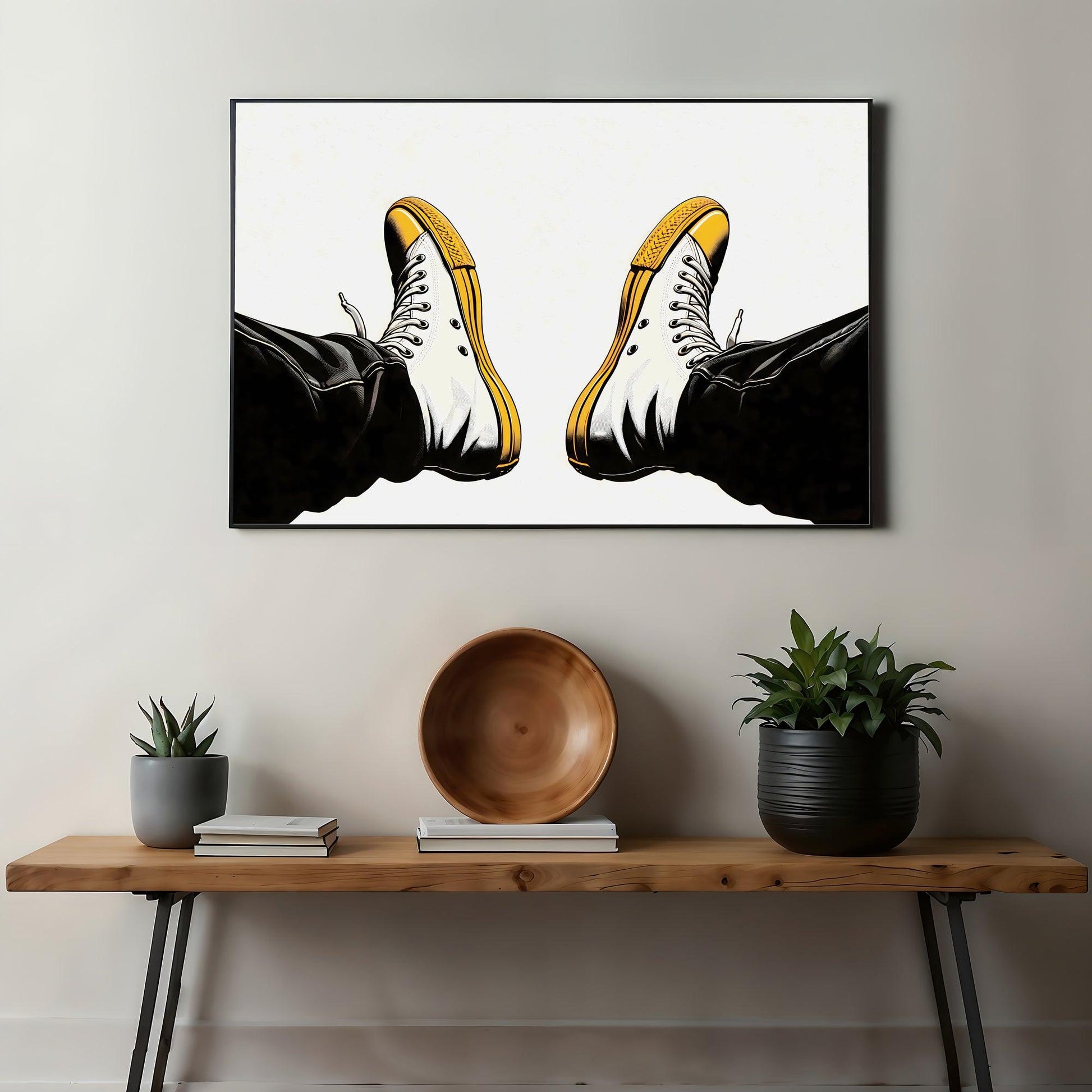 Step on, Sunshine | Bold Pumps Art with Yellow Accent | Monochrome Print | Home Decor | Digital Download | 101.6 x 68.58 cm (3:2 Ratio) - Arts To GloryStep on, Sunshine | Bold Pumps Art with Yellow Accent | Monochrome Print | Home Decor | Digital Download | 101.6 x 68.58 cm (3:2 Ratio)Simple & StrikingArts To GloryStep on, Sunshine: Bold Yellow Pumps wall art featuring monochrome fashion illustration with striking yellow accents, styled in a contemporary room setting above a minimalist console t