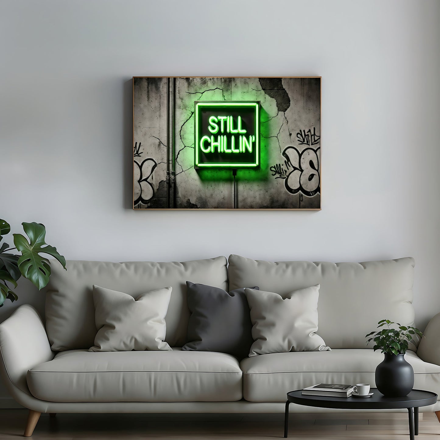 Still Chillin' - Neon Green - Arts To GloryStill Chillin' - Neon GreenDigital Wall ArtArts To GloryClose - up of neon green Still Chillin text on gritty urban textures with graffiti accents, 100x70cm.