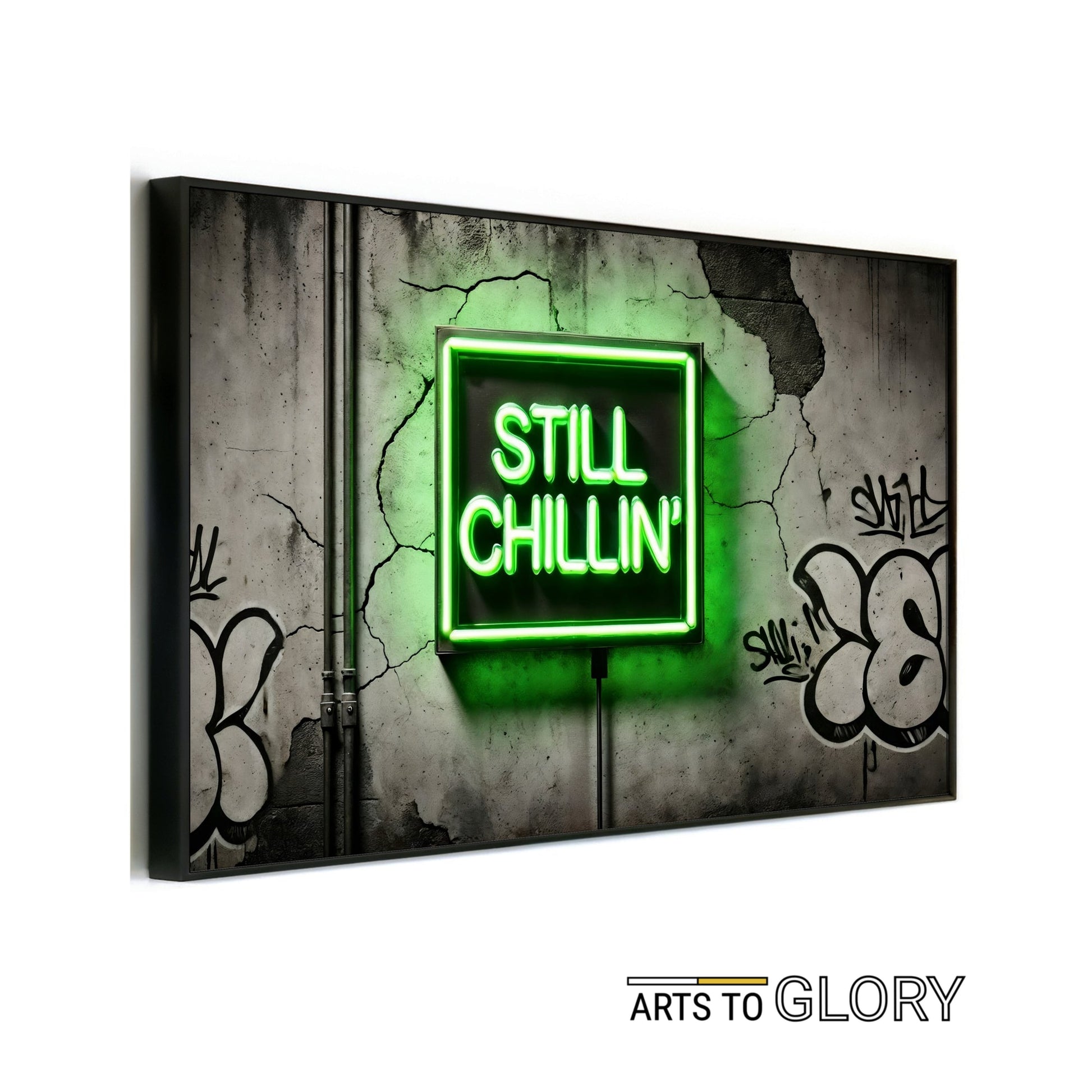 Still Chillin' - Neon Green - Arts To GloryStill Chillin' - Neon GreenDigital Wall ArtArts To GloryDigital artwork with neon green Still Chillin text on a cracked urban wall with graffiti, 100x70cm.