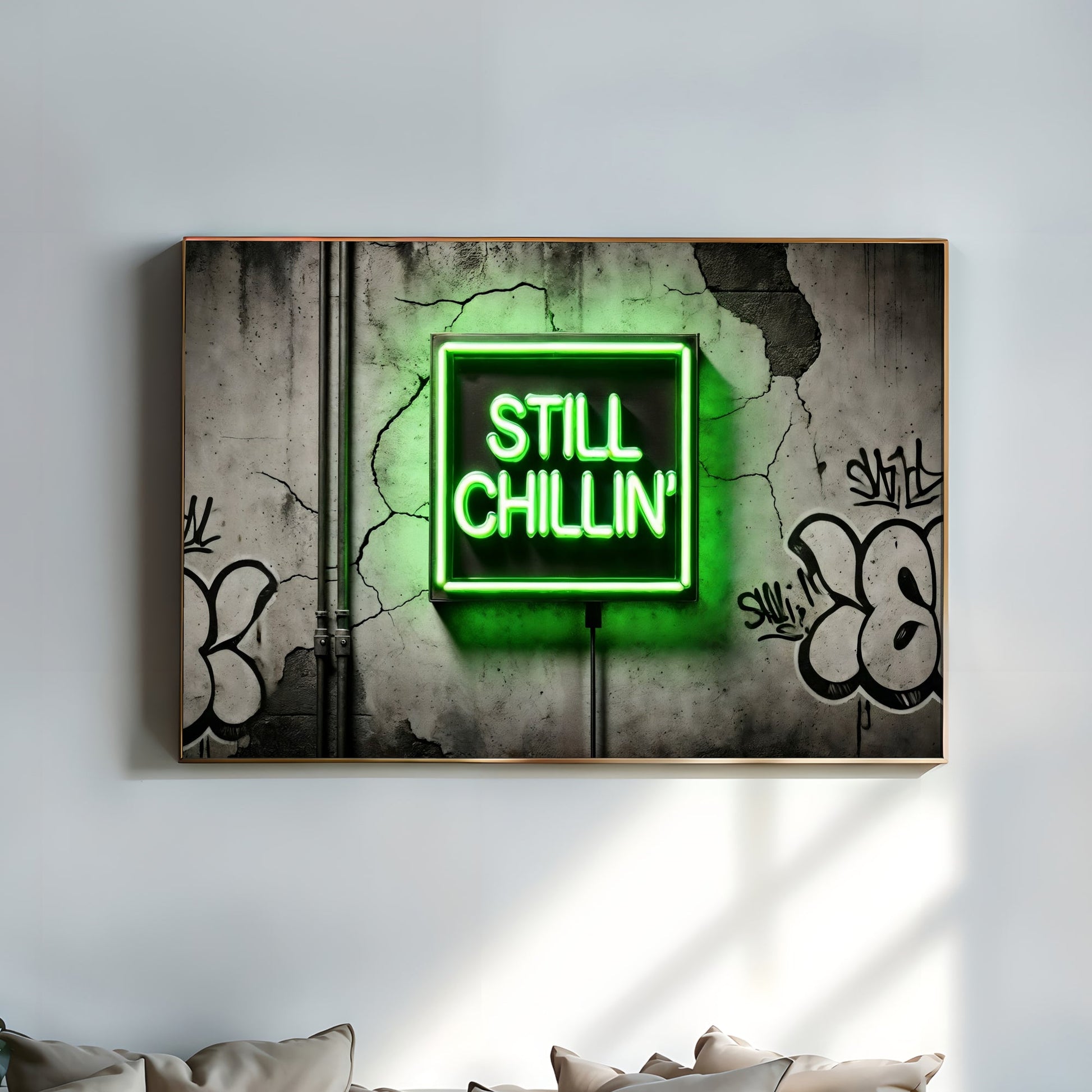 Still Chillin' - Neon Green - Arts To GloryStill Chillin' - Neon GreenDigital Wall ArtArts To GloryUrban digital artwork with neon green Still Chillin text and graffiti, perfect for edgy spaces, 100x70cm.