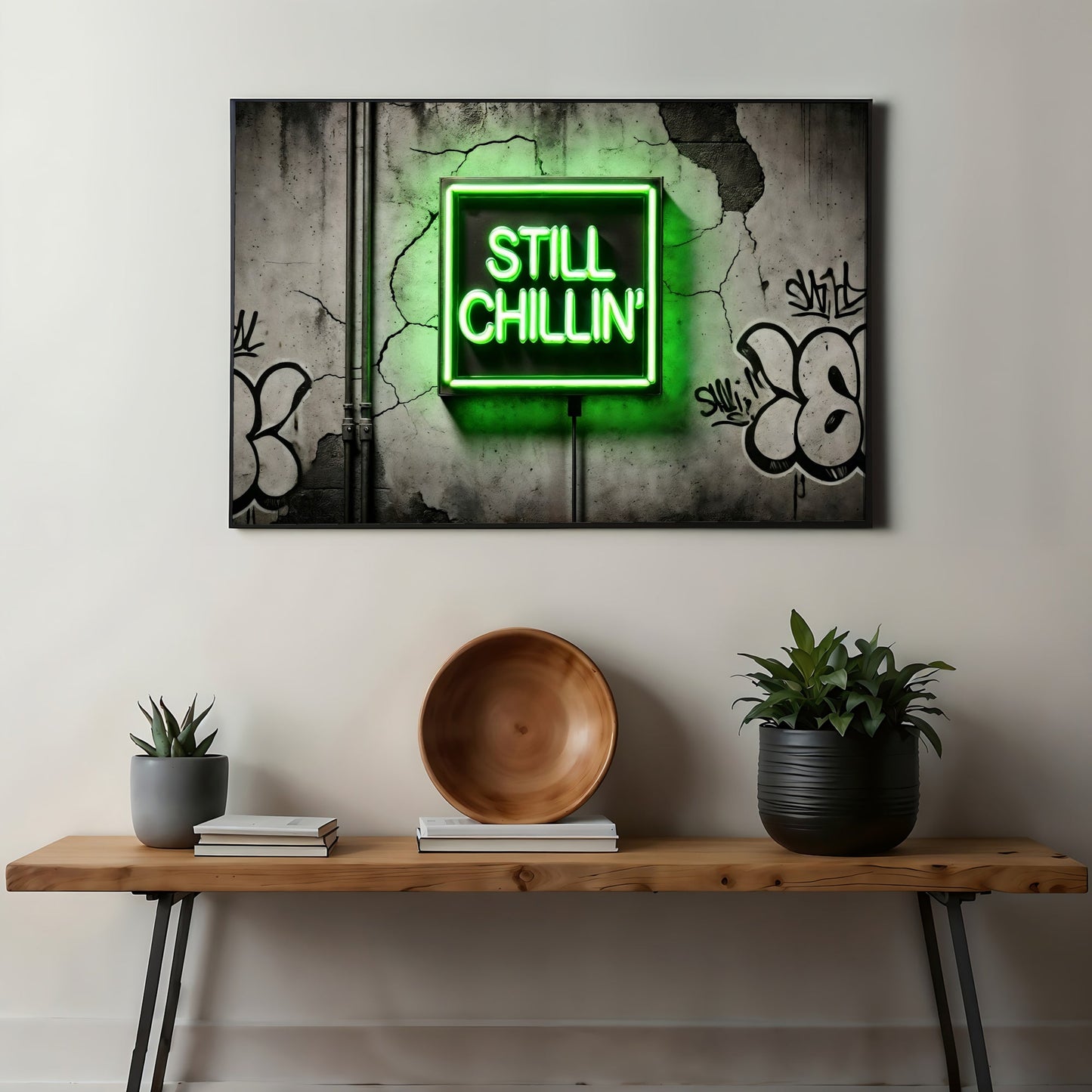 Still Chillin' - Neon Green - Arts To GloryStill Chillin' - Neon GreenDigital Wall ArtArts To GloryDigital print featuring neon green text Still Chillin against urban textures, ideal for contemporary spaces, 100x70cm.