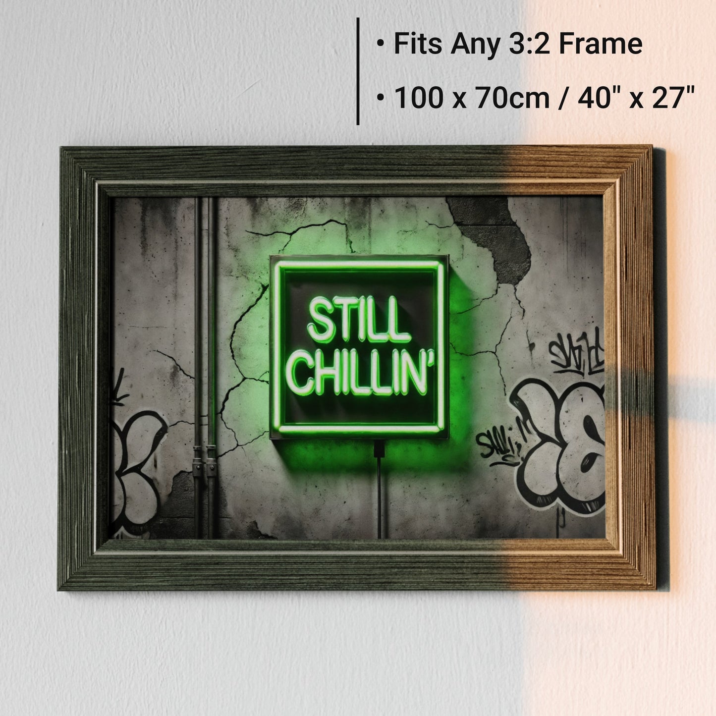 Still Chillin' - Neon Green - Arts To GloryStill Chillin' - Neon GreenDigital Wall ArtArts To GloryModern urban wall art with Still Chillin in neon green text on textured wall, 100x70cm.