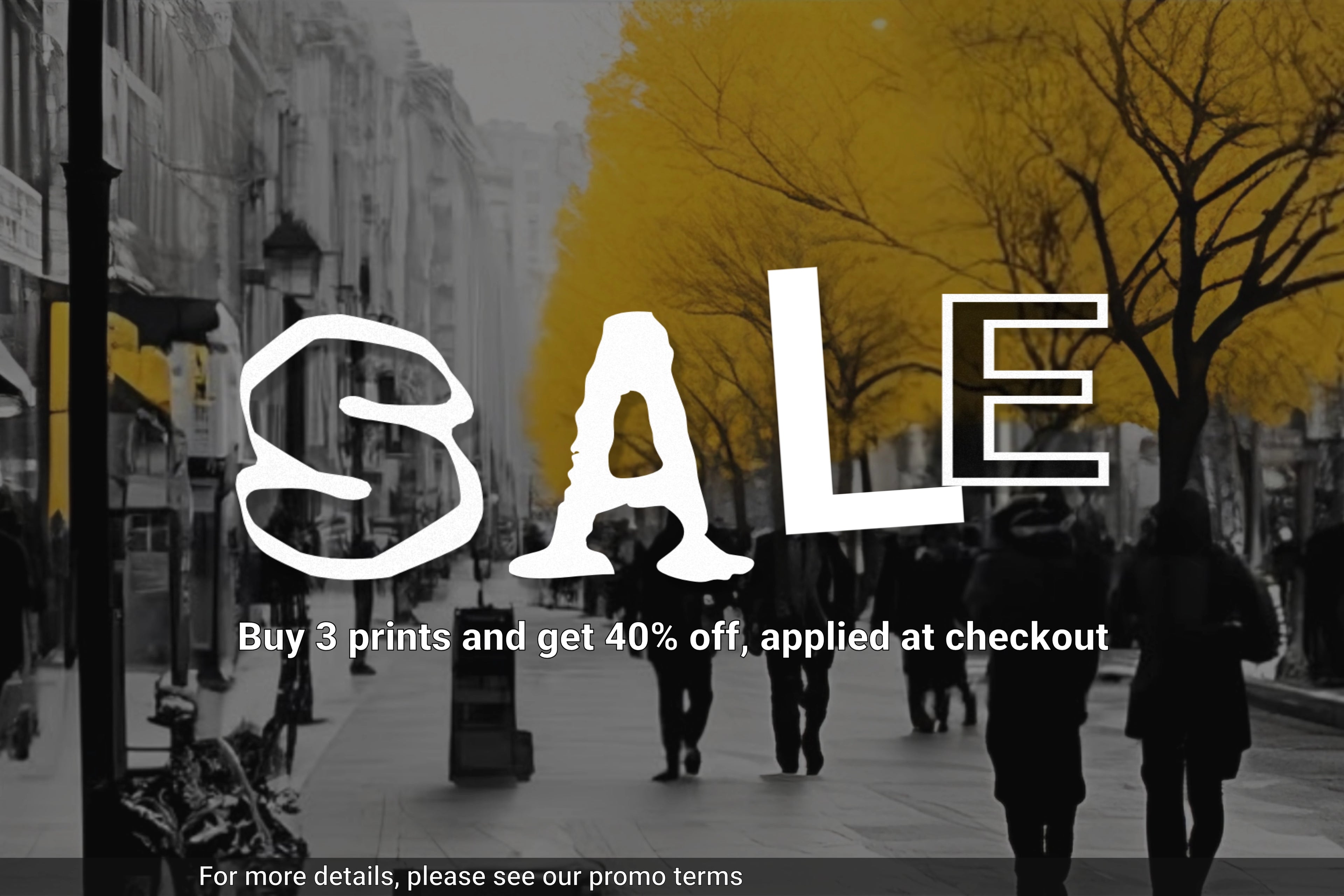 store banner 'Sale, buy 3 prints get 40% off' on modern cityscape scene with yellow and black accents