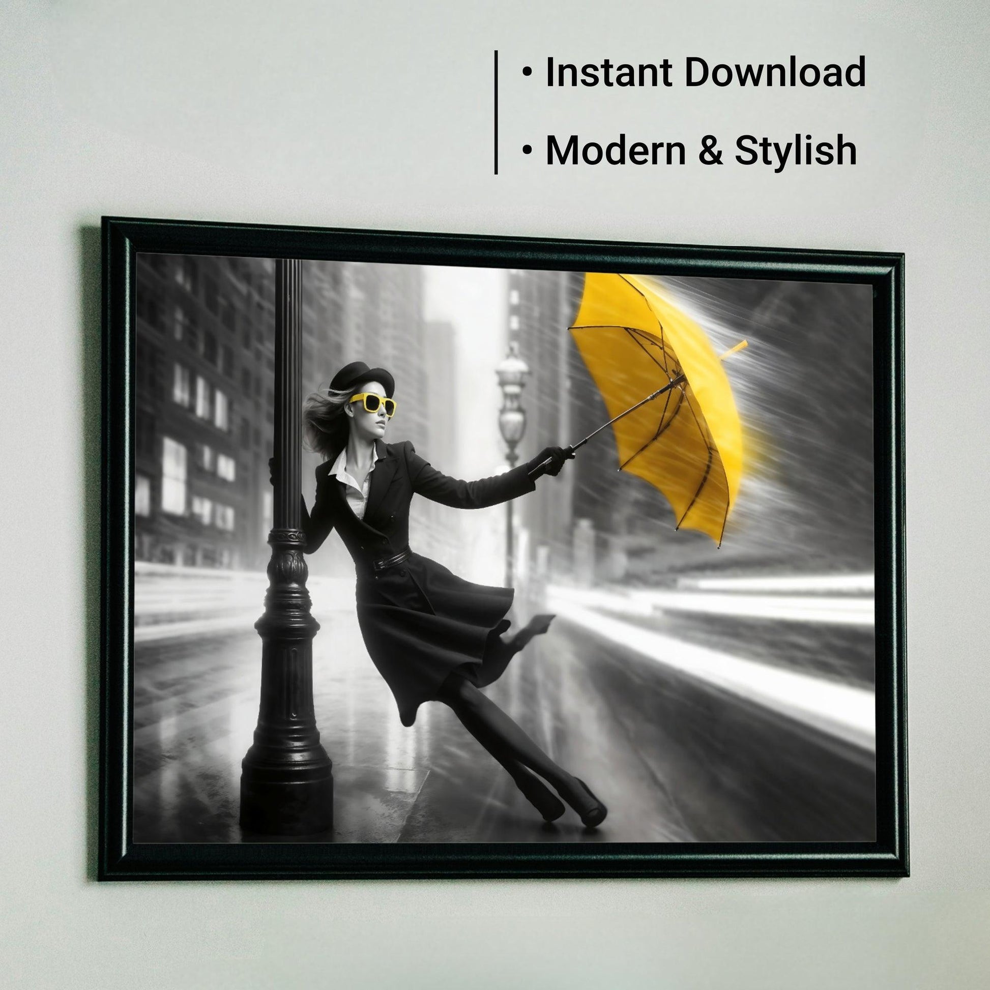 Stormy Cityscape Art | Bold Yellow Umbrella | Digital Download | Home Decor | 100 x 70 cm - Arts To GloryStormy Cityscape Art | Bold Yellow Umbrella | Digital Download | Home Decor | 100 x 70 cmDetailed & ComplexArts To GloryWall art featuring a fashion-forward woman holding a yellow umbrella, framed and ready for instant download, embodies a modern and stylish aesthetic.