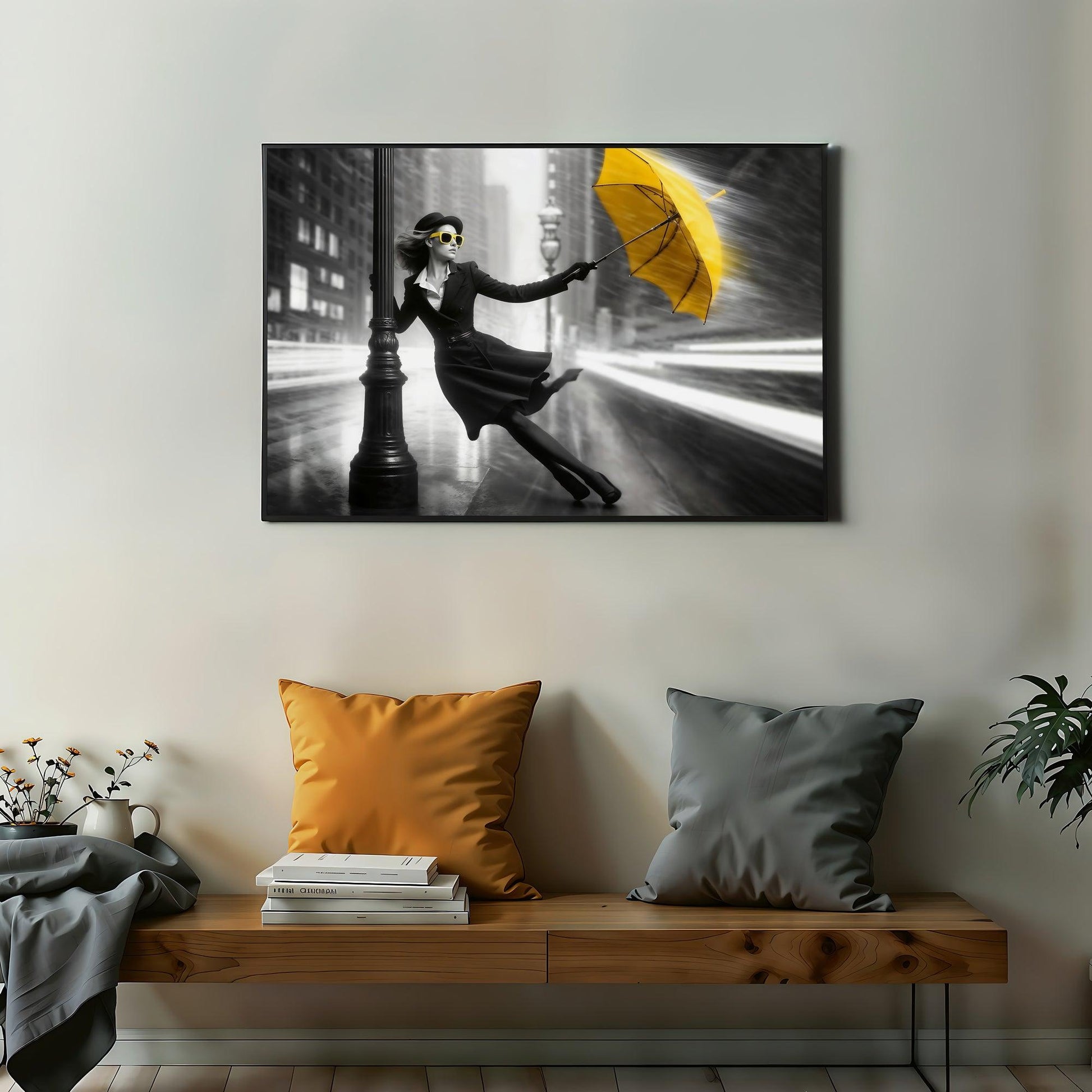 Stormy Cityscape Art | Bold Yellow Umbrella | Digital Download | Home Decor | 100 x 70 cm - Arts To GloryStormy Cityscape Art | Bold Yellow Umbrella | Digital Download | Home Decor | 100 x 70 cmDetailed & ComplexArts To GloryElegant monochrome wall art of a woman with a yellow umbrella hanging over a bench with matching cushions, adding a sophisticated urban touch to the decor.