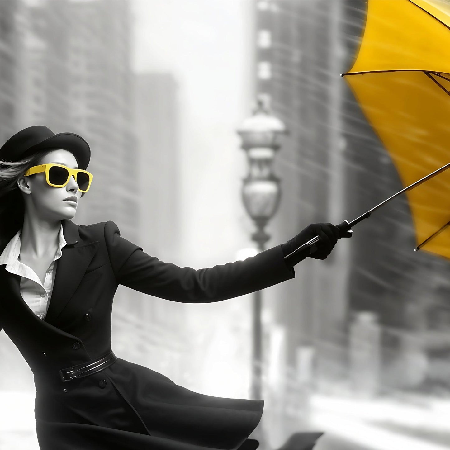 Stormy Cityscape Art | Bold Yellow Umbrella | Digital Download | Home Decor | 100 x 70 cm - Arts To GloryStormy Cityscape Art | Bold Yellow Umbrella | Digital Download | Home Decor | 100 x 70 cmDetailed & ComplexArts To GloryStylish woman in a black trench coat and hat holding a yellow umbrella, her bold yellow sunglasses adding a pop of colour to the grayscale urban backdrop.