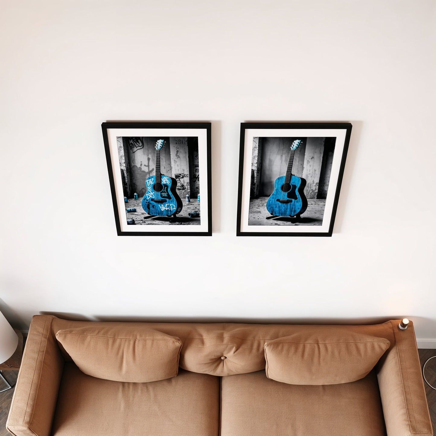 Street Art Guitar Set - Arts To GloryStreet Art Guitar SetDigital Wall ArtArts To GloryBird’s eye view of a two - piece modern wall art set featuring a blue acoustic guitar with graffiti details, displayed above a creative workspace.