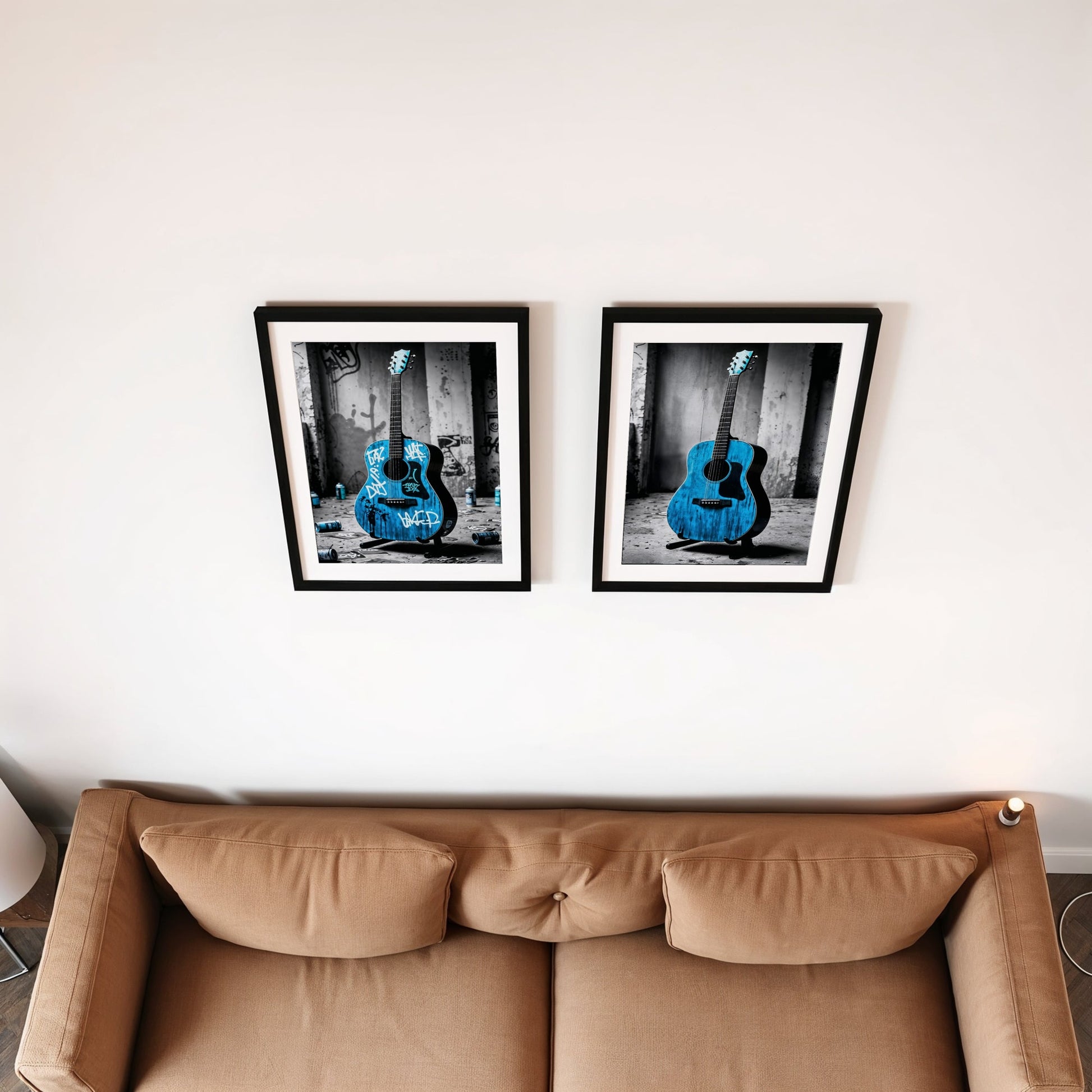 Street Art Guitar Set - Arts To GloryStreet Art Guitar SetDigital Wall ArtArts To GloryBird’s eye view of a two - piece modern wall art set featuring a blue acoustic guitar with graffiti details, displayed above a creative workspace.