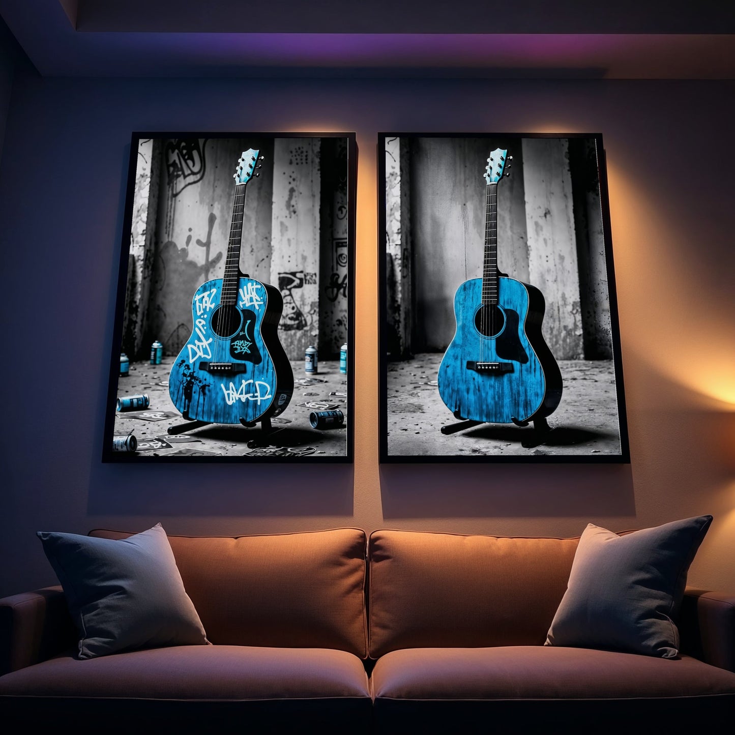 Street Art Guitar Set - Arts To GloryStreet Art Guitar SetDigital Wall ArtArts To GloryTwo - piece wall art featuring a blue graffiti - covered acoustic guitar, illuminated with moody ambient lighting in a music studio setting.