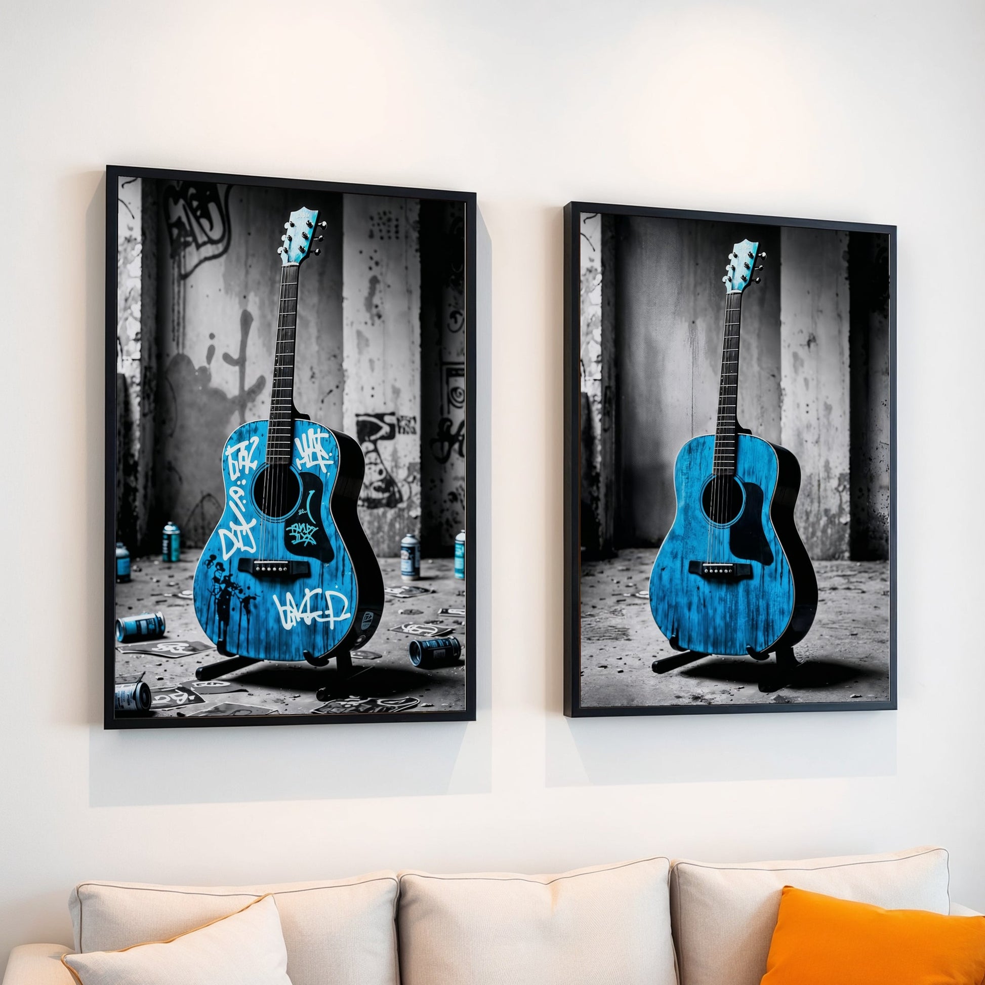 Street Art Guitar Set - Arts To GloryStreet Art Guitar SetDigital Wall ArtArts To GloryTwo - piece modern wall art featuring a blue acoustic guitar with graffiti details, framed and displayed in an industrial - style space.